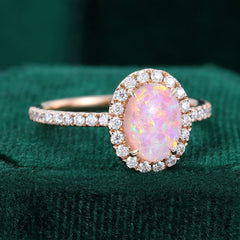 Oval Cut Lab Pink Opal Engagement Ring Moissanite Halo Accented Pavé Ring