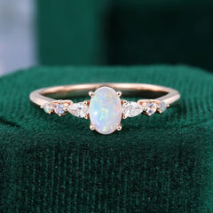 Oval Opal Trio Side Stones Engagement Ring Dainty Promise Ring