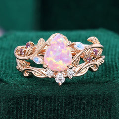 Pear Shaped Lab Pink Opal Engagement Ring Set Nature Inspired Leaf Ring Set