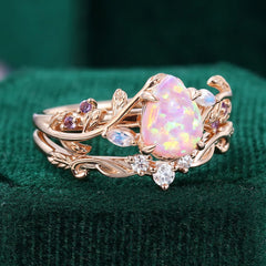 Pear Shaped Lab Pink Opal Engagement Ring Set Nature Inspired Leaf Ring Set