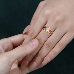 Pear Shaped Lab Pink Opal Engagement Ring Set Nature Inspired Leaf Ring Set