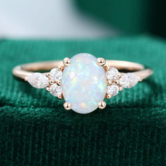 Oval Cut Natural Opal Engagement Ring Moissanite Accented Promise Ring
