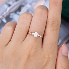 Oval Opal Trio Side Stones Engagement Ring Dainty Promise Ring