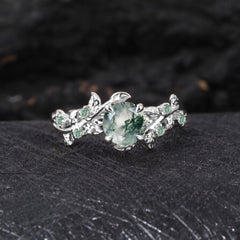 Vintage Moss Agate Engagement Ring Art Deco Leaf Promise Ring