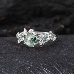 Vintage Moss Agate Engagement Ring Art Deco Leaf Promise Ring