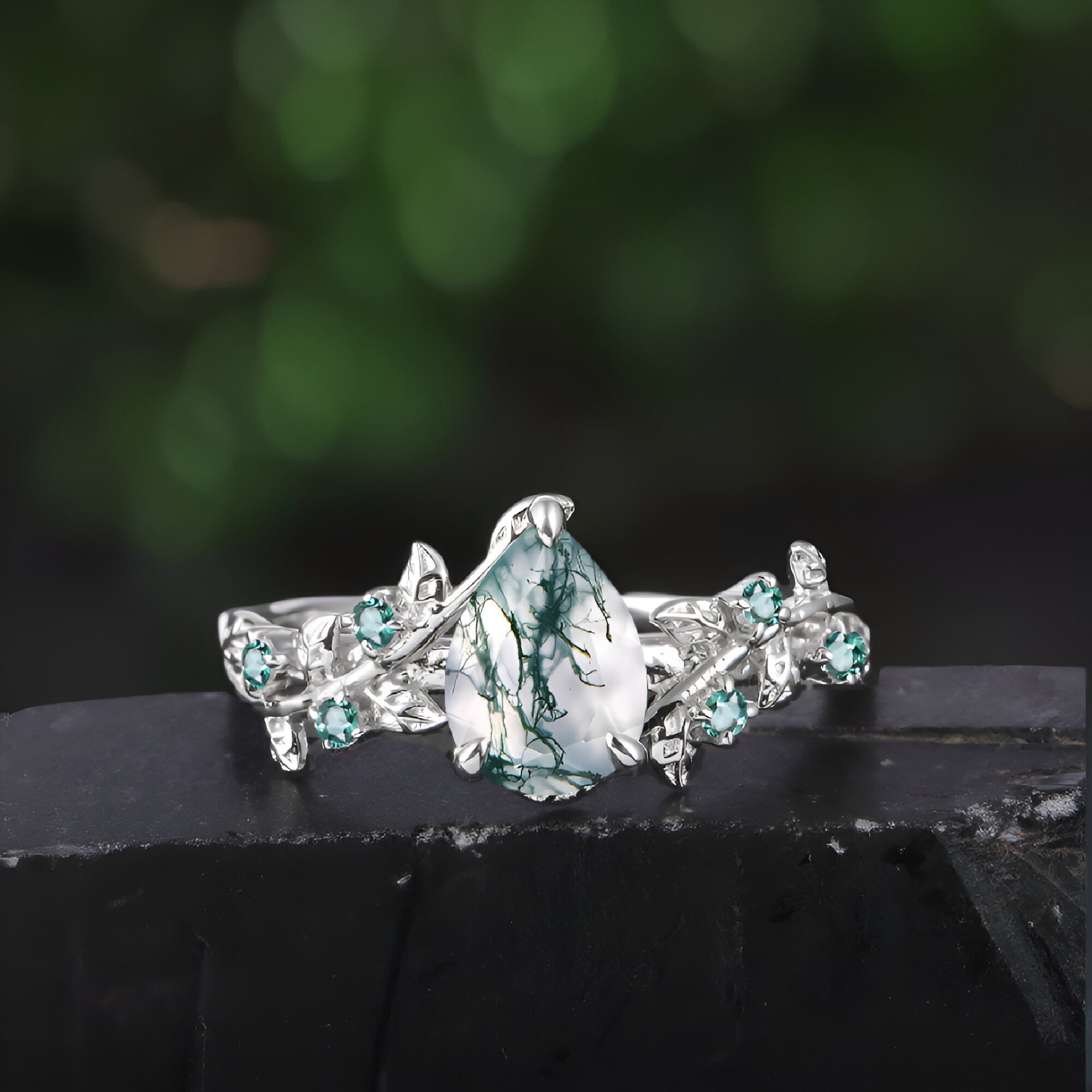 Pear shaped Moss Agate Engagement  Promise Ring Leaf Nature Inspired Bridal Set