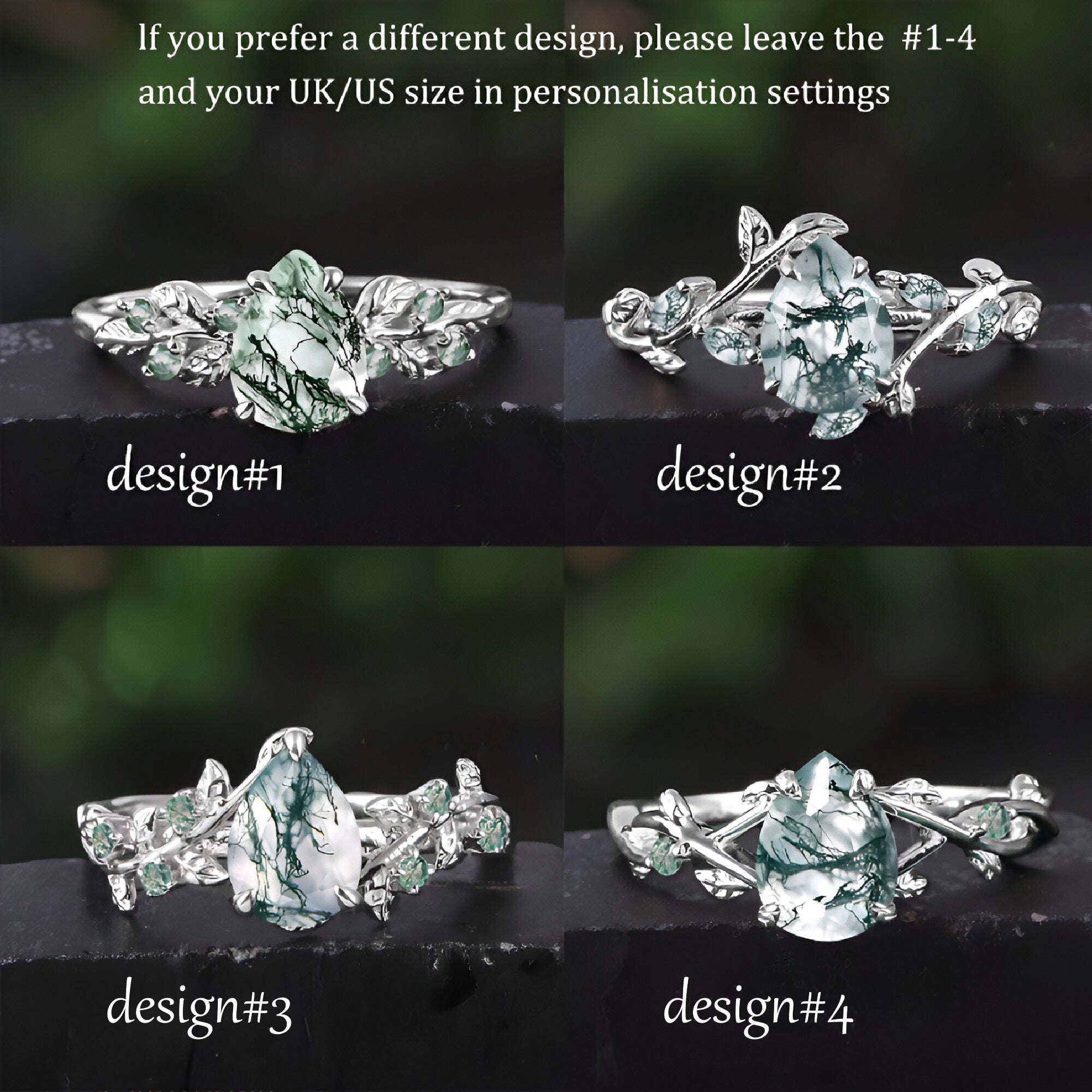 Pear shaped Moss Agate Engagement  Promise Ring Leaf Nature Inspired Bridal Set