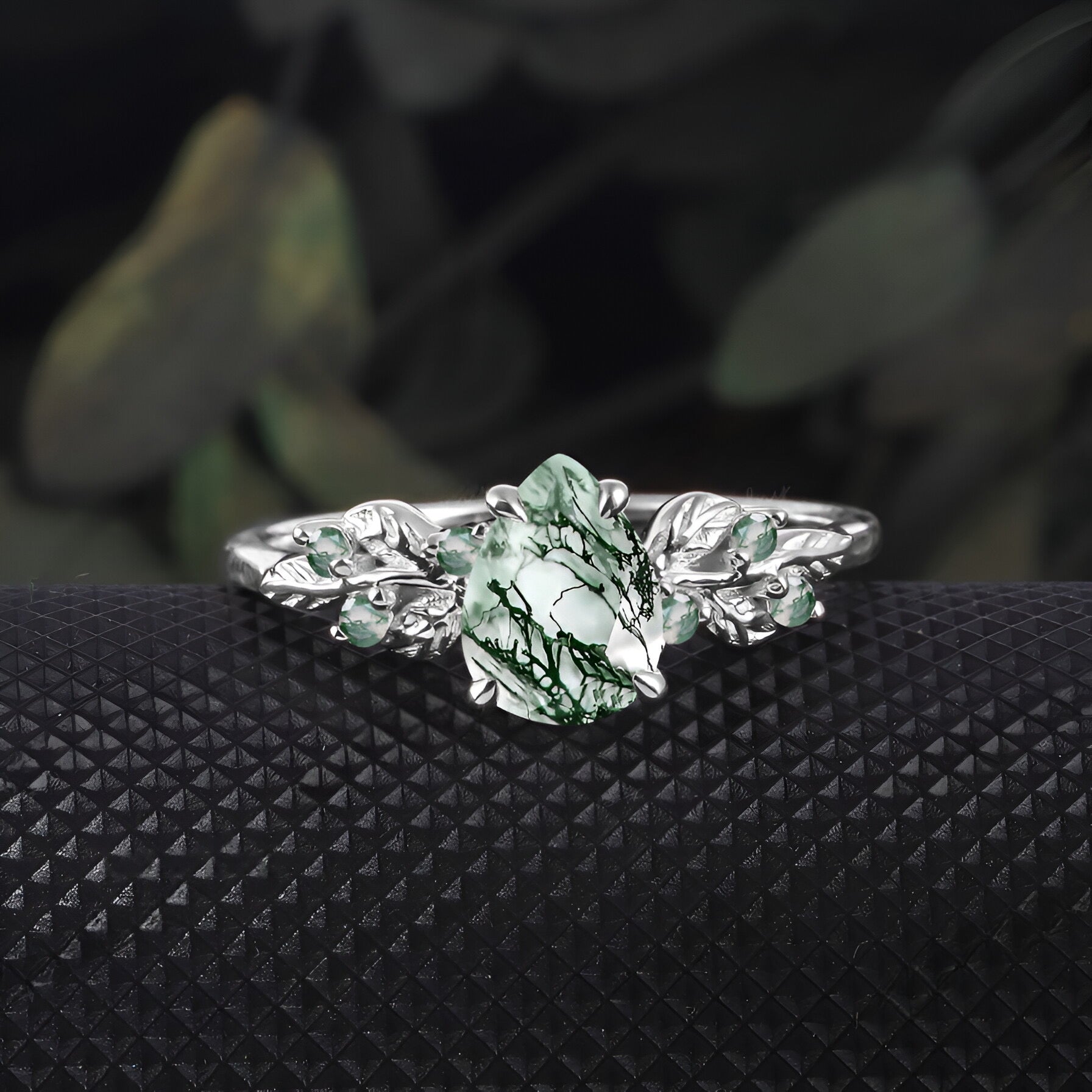 Pear shaped Moss Agate Engagement  Promise Ring Leaf Nature Inspired Bridal Set