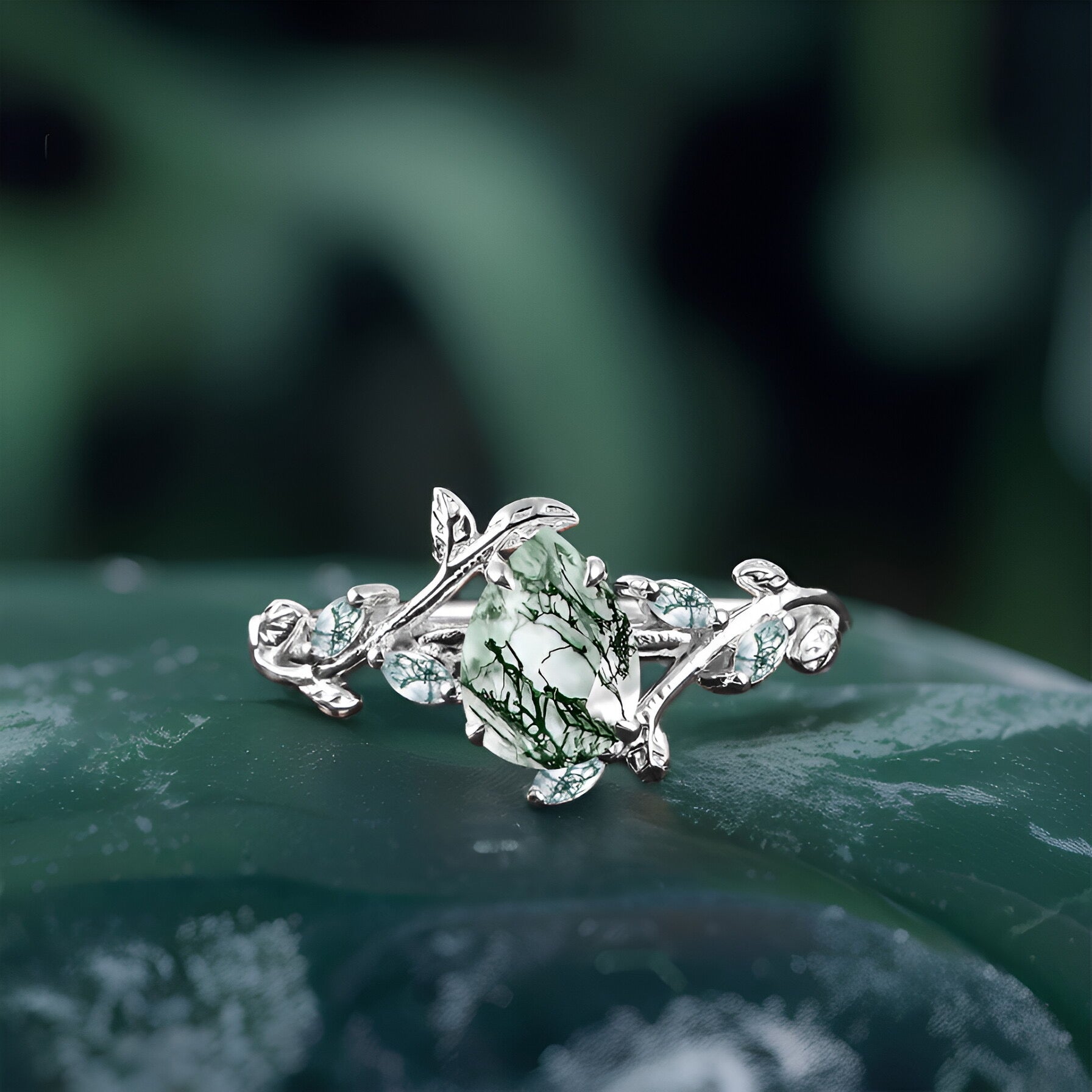 Pear shaped Moss Agate Engagement  Promise Ring Leaf Nature Inspired Bridal Set