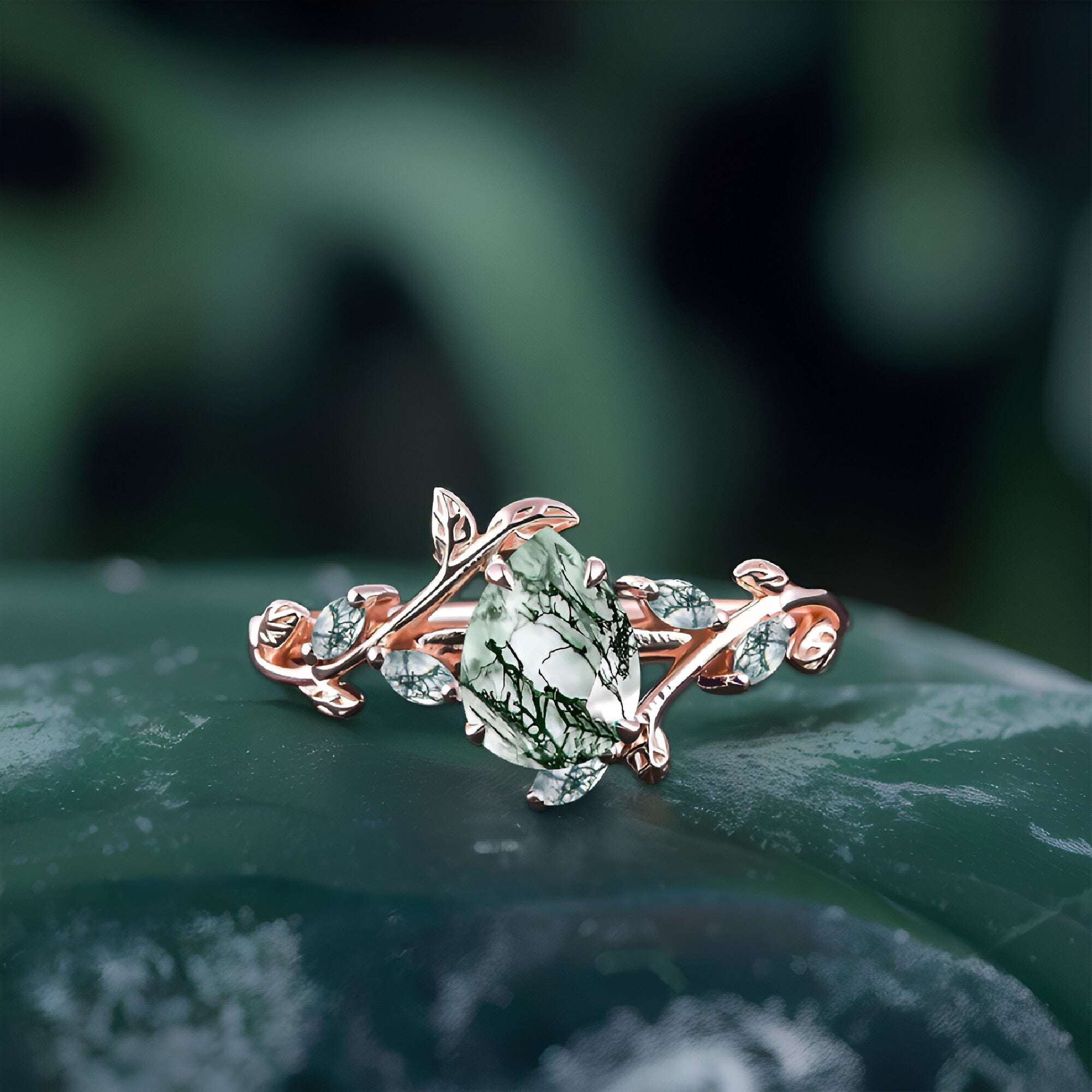 Pear shaped Moss Agate Engagement  Promise Ring Leaf Nature Inspired Bridal Set