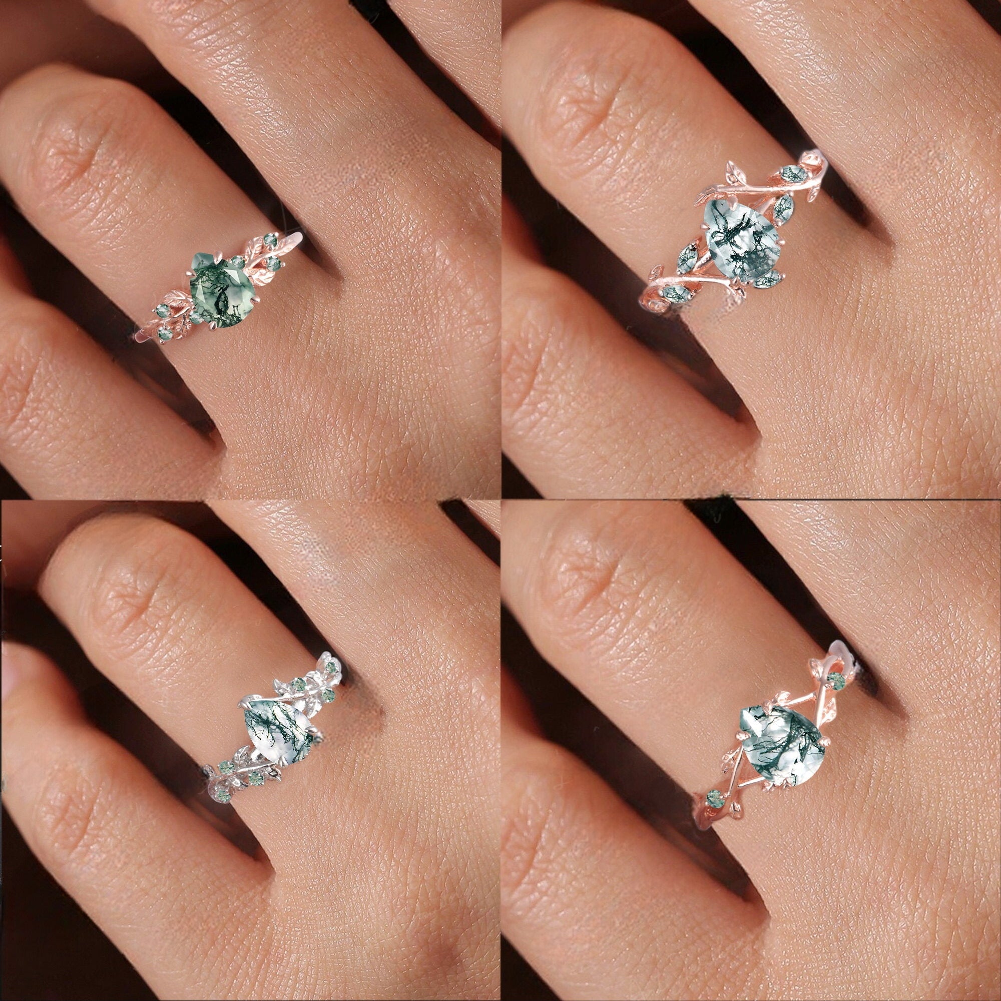 Pear shaped Moss Agate Engagement  Promise Ring Leaf Nature Inspired Bridal Set
