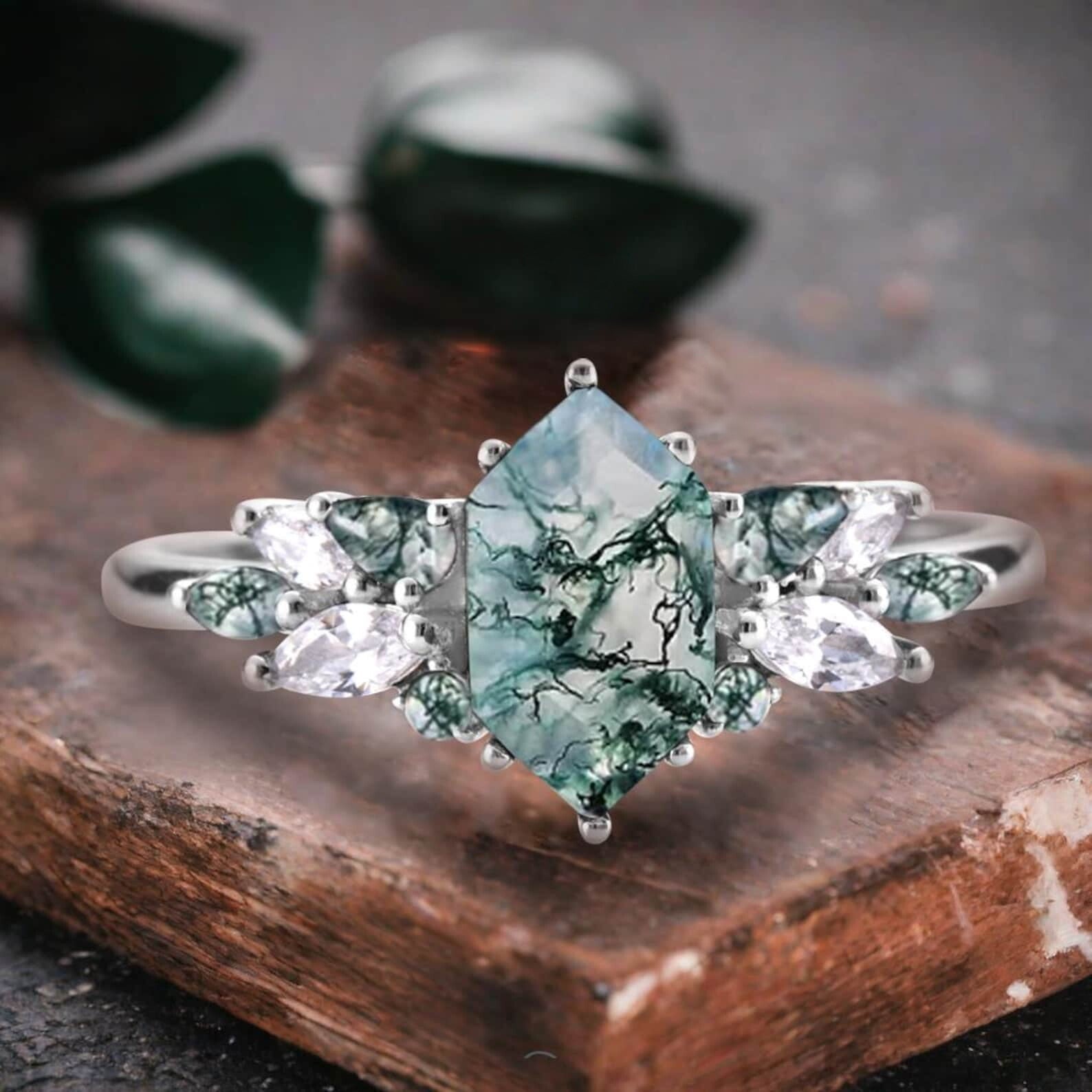 Unique Hexagon Moss Agate Ring Art Deco Wedding Ring Set