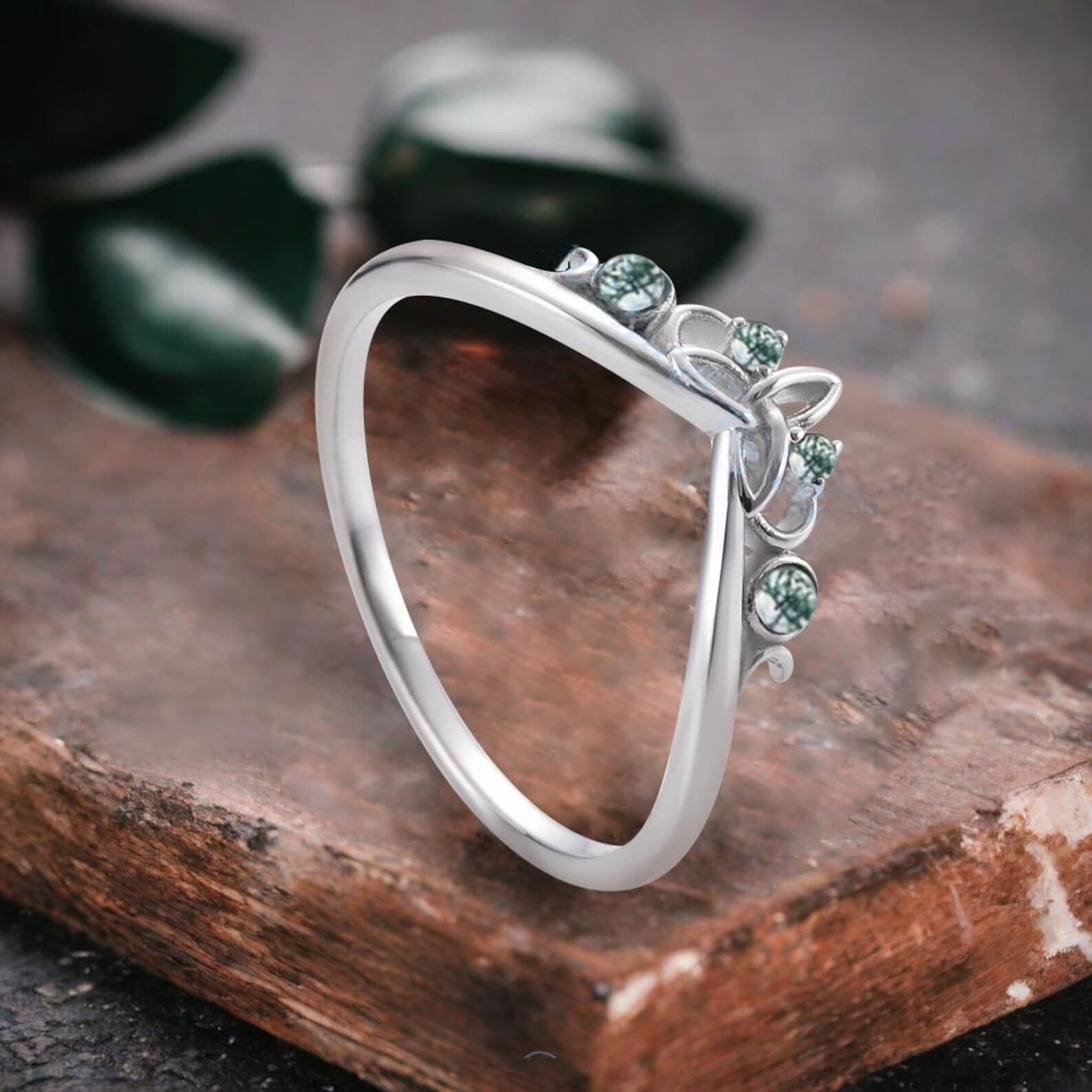 Unique Hexagon Moss Agate Ring Art Deco Wedding Ring Set