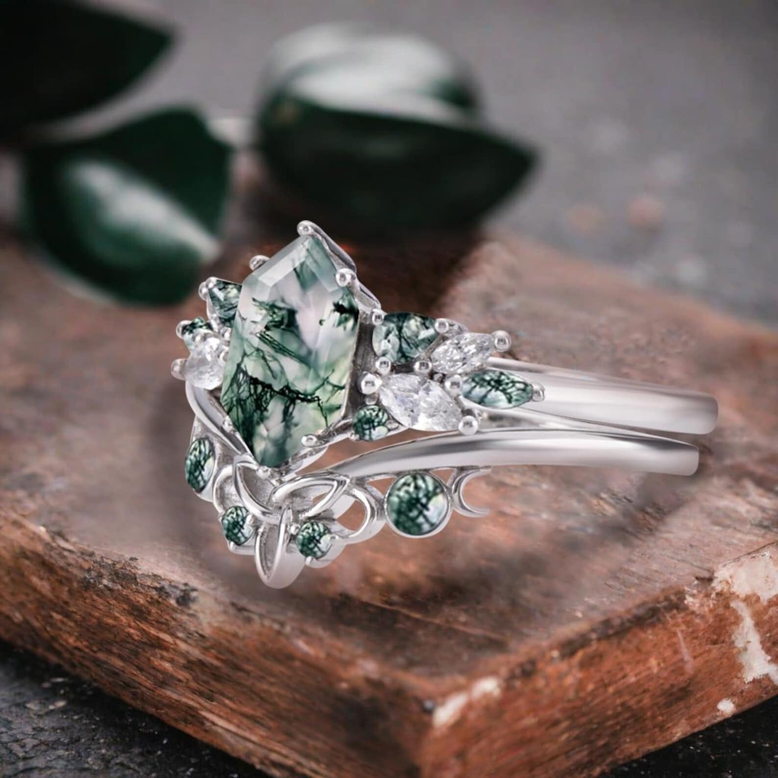 Unique Hexagon Moss Agate Ring Art Deco Wedding Ring Set