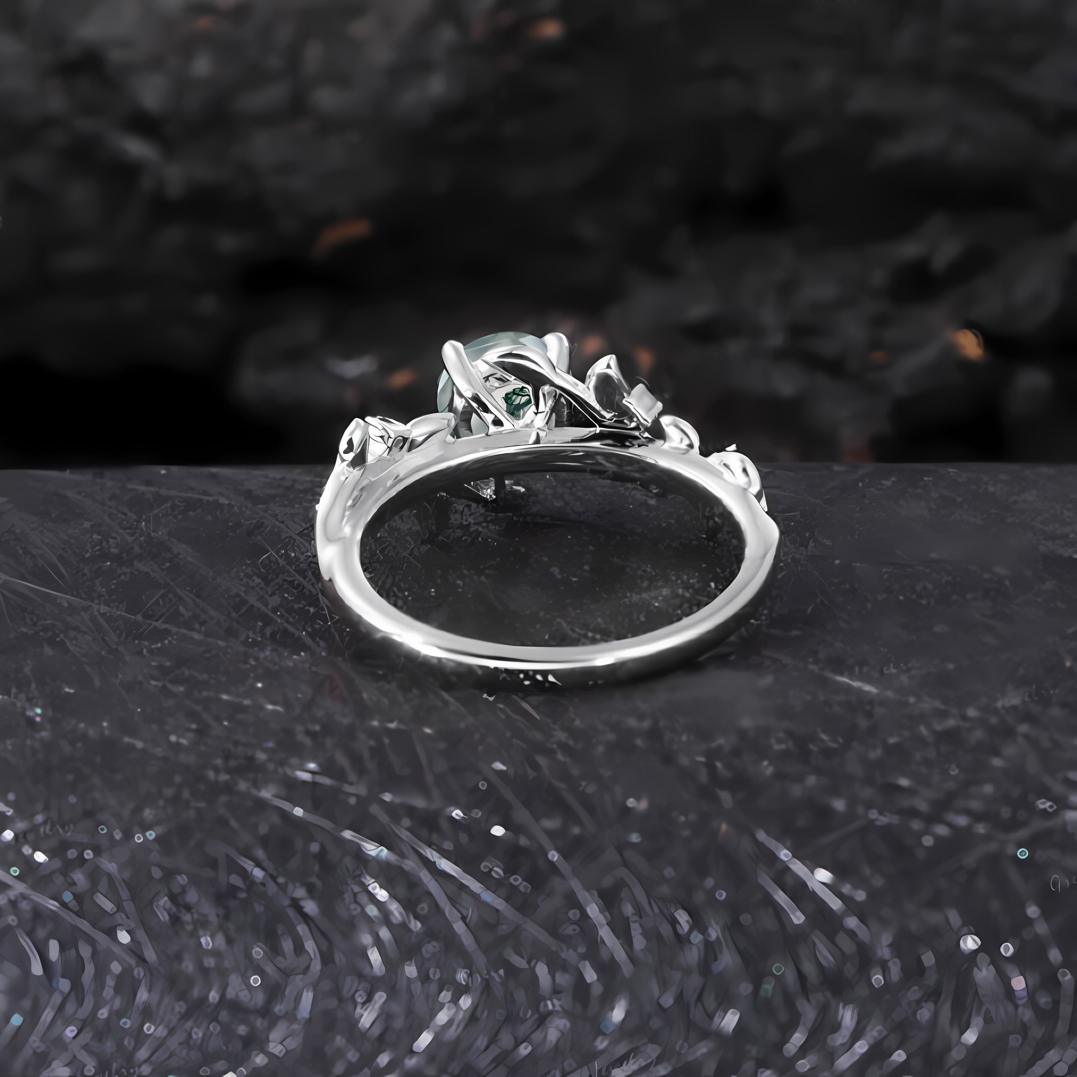Vintage Moss Agate Engagement Ring Art Deco Leaf Promise Ring