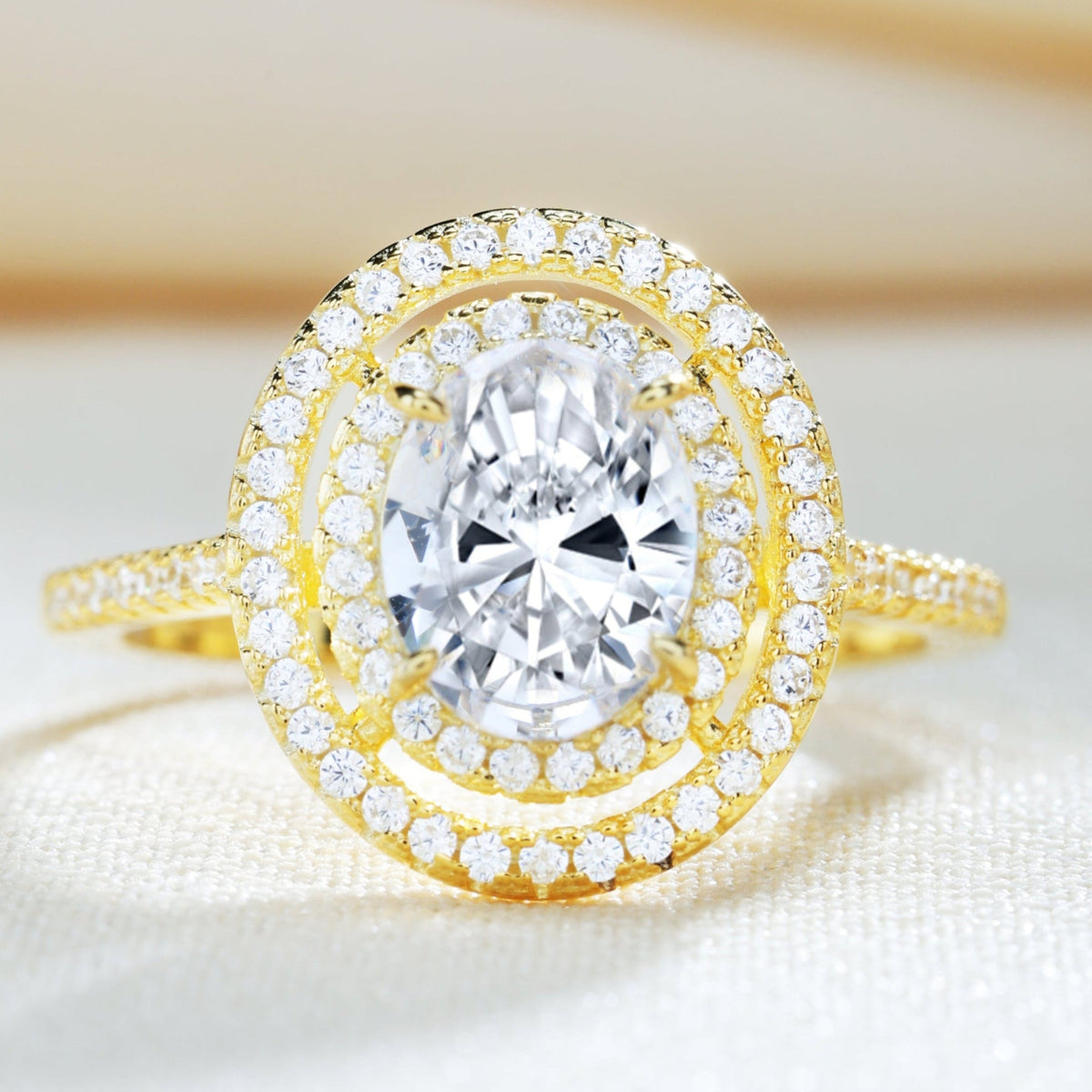 Two-Tone Double Halo Oval Cut Ring