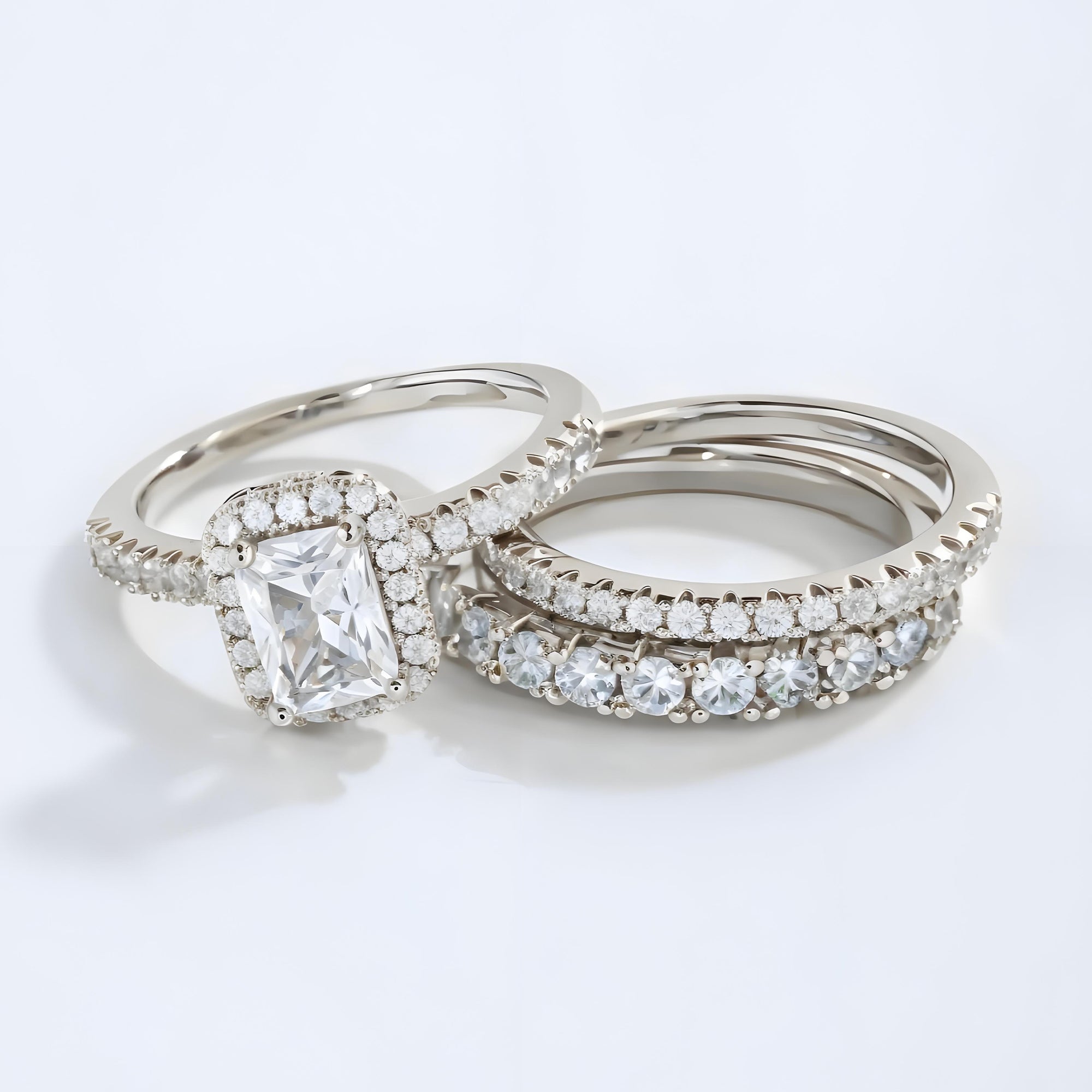 Three-piece Cushion Cut Ring Set with Micro Pave Stones