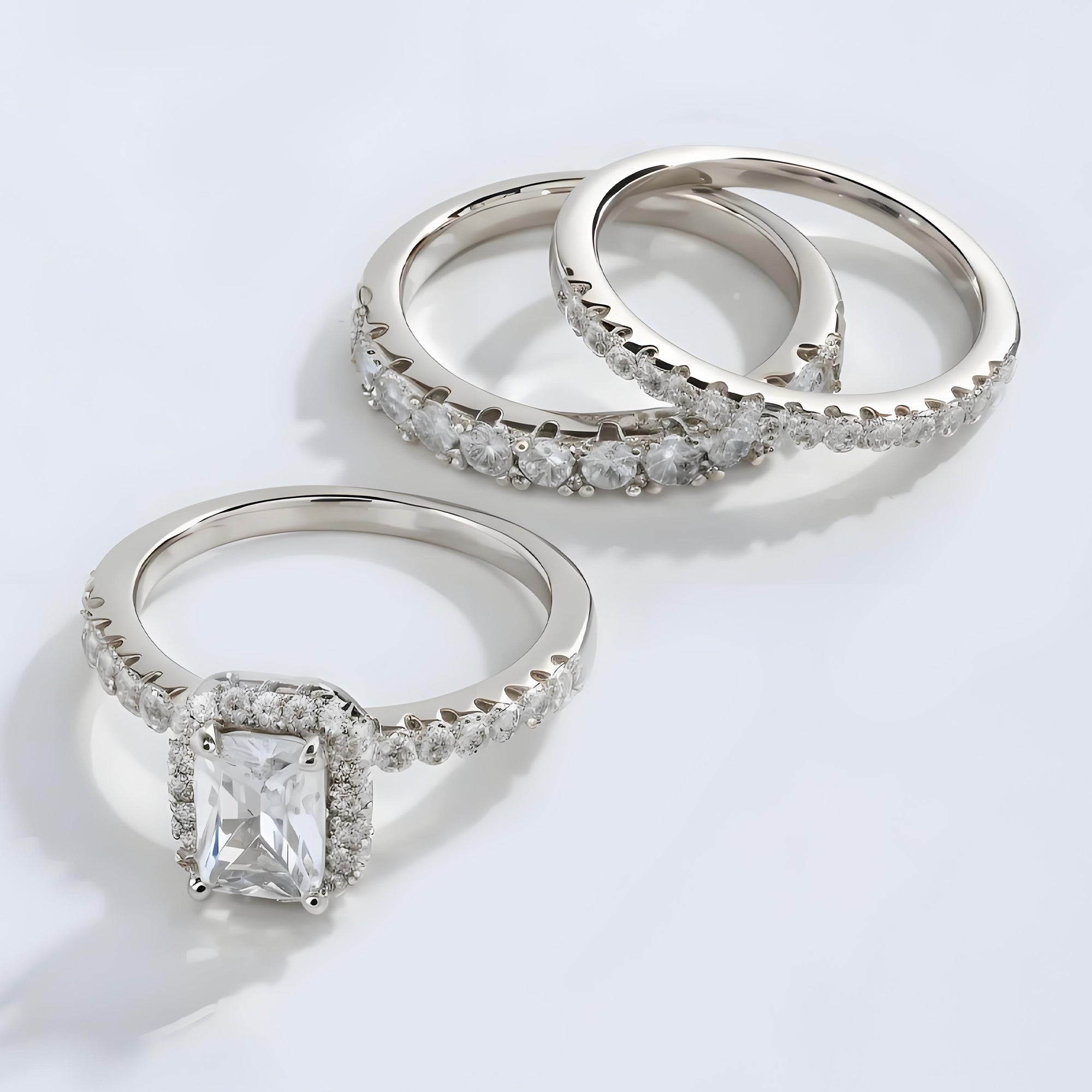 Three-piece Cushion Cut Ring Set with Micro Pave Stones