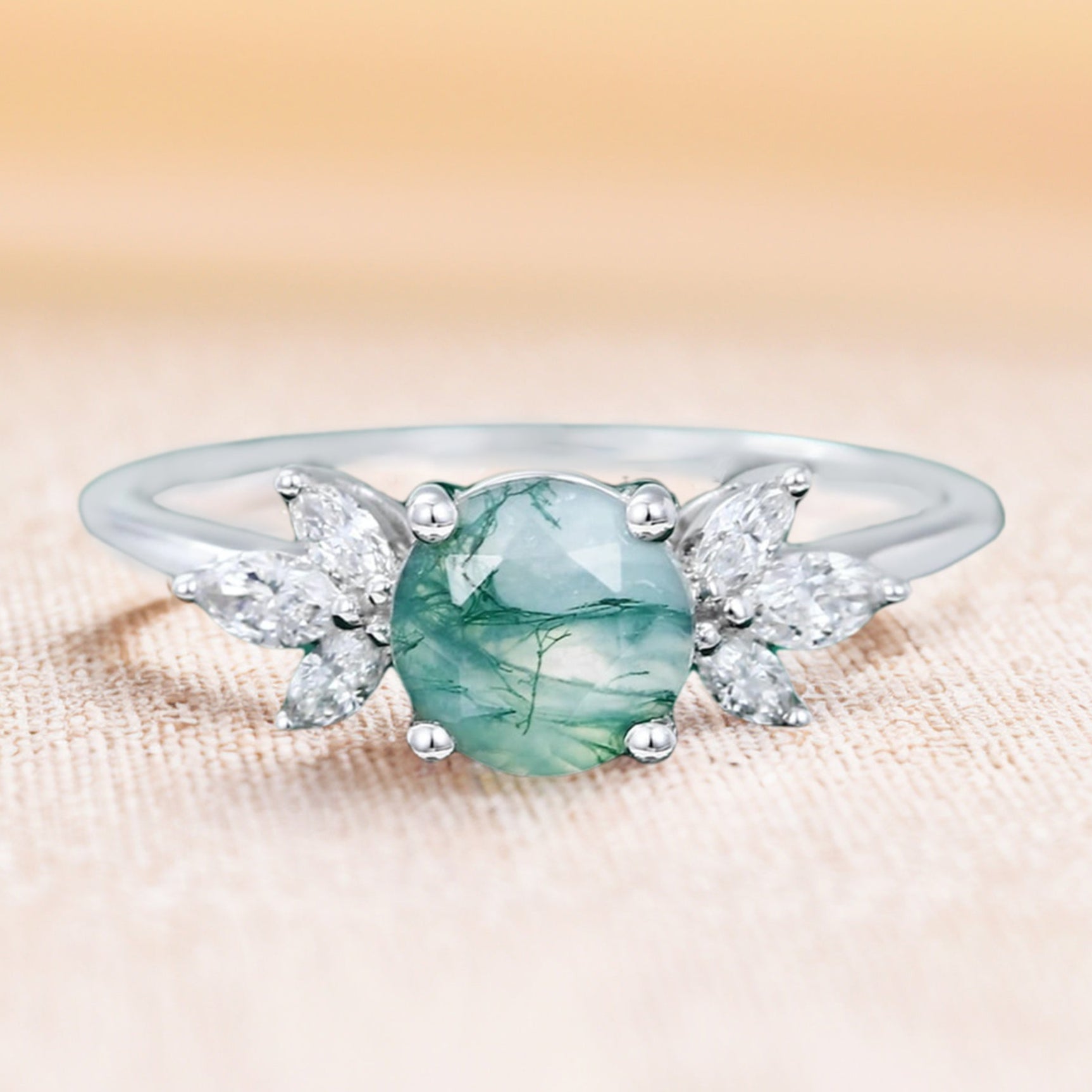 Round Cut Moss Agate Engagement Ring with Marquise Moissanite Cluster