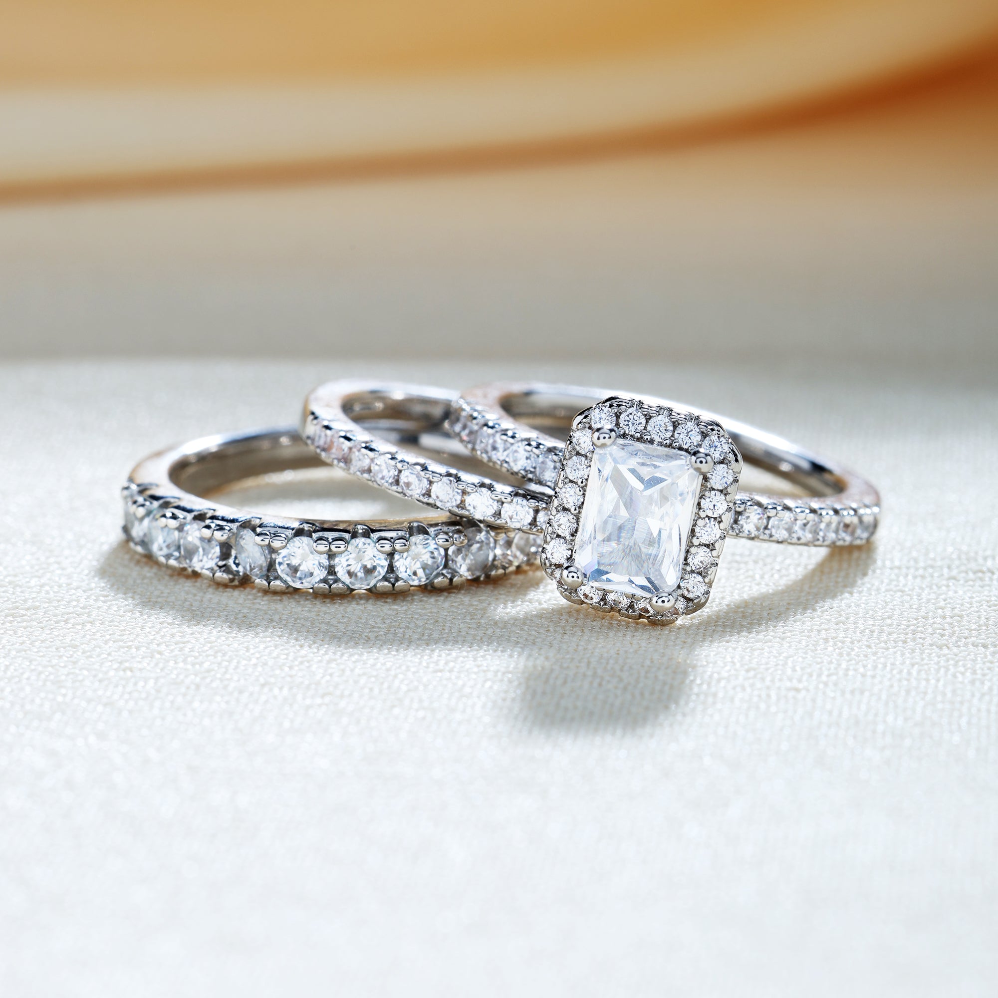 Three-piece Cushion Cut Ring Set with Micro Pave Stones