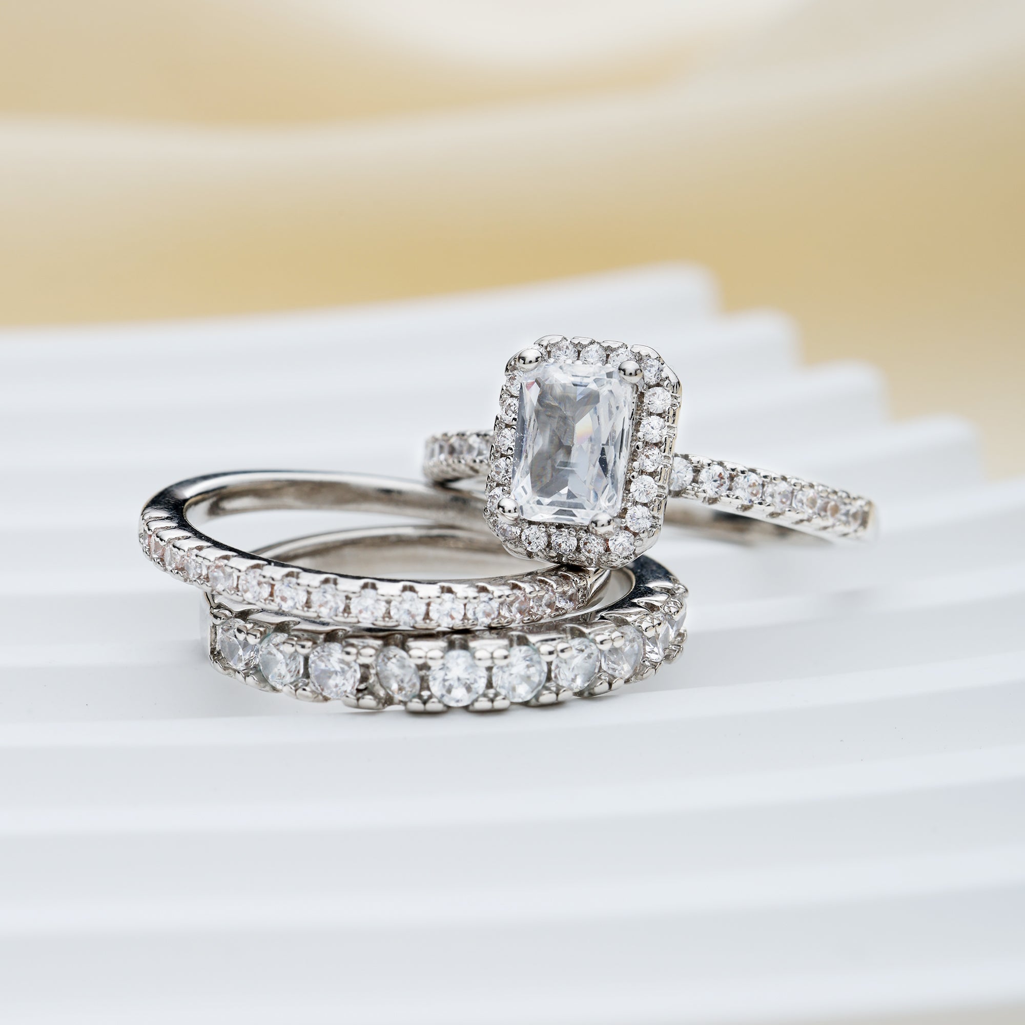 Three-piece Cushion Cut Ring Set with Micro Pave Stones
