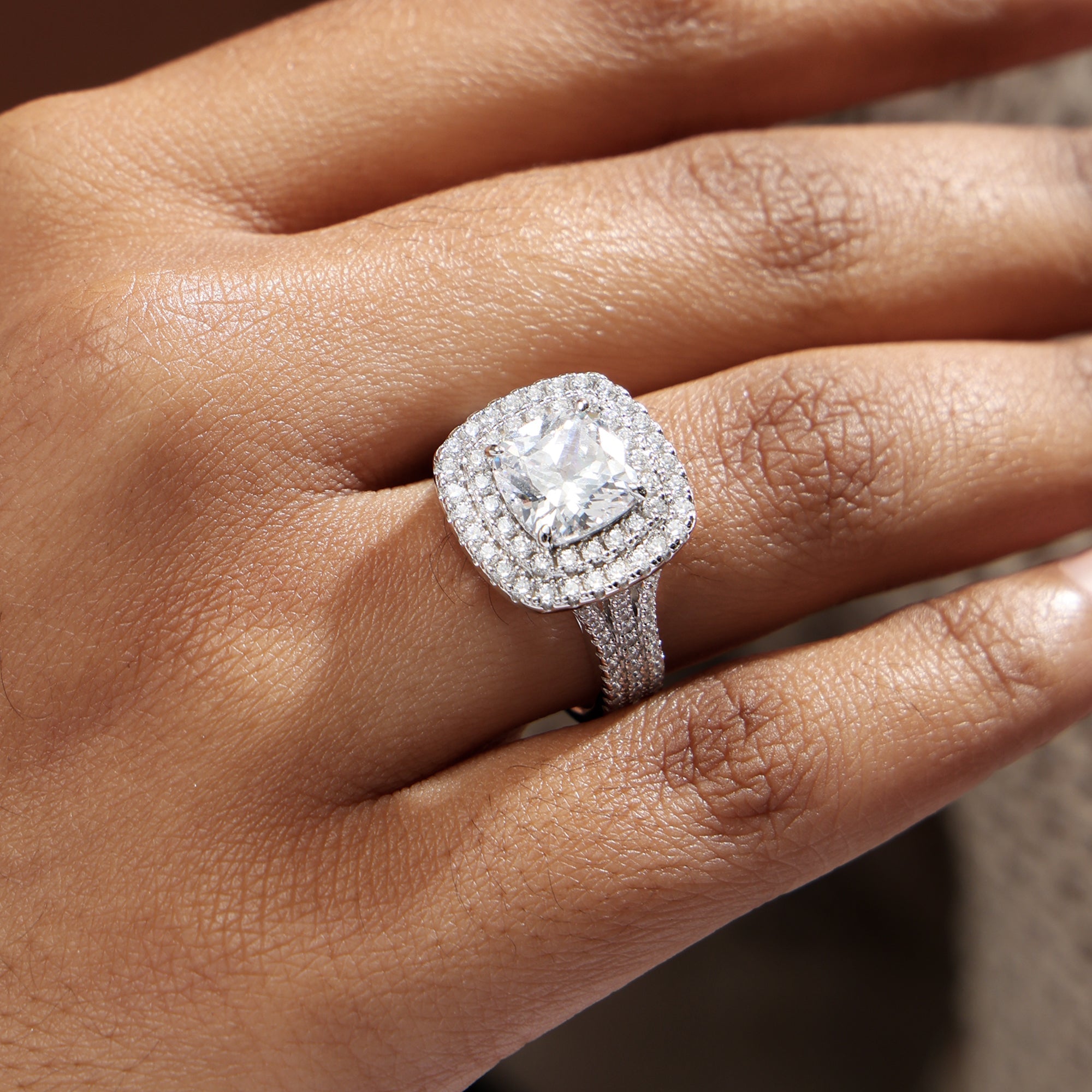 Honorable Double Halo Three Shank Cushion Cut Ring