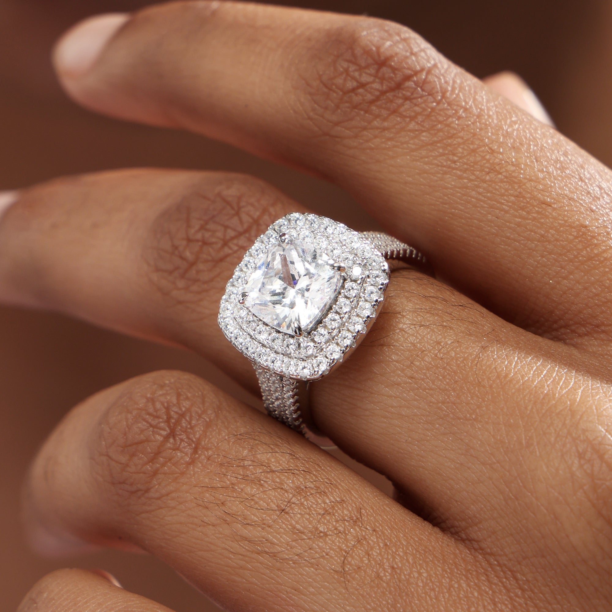 Honorable Double Halo Three Shank Cushion Cut Ring