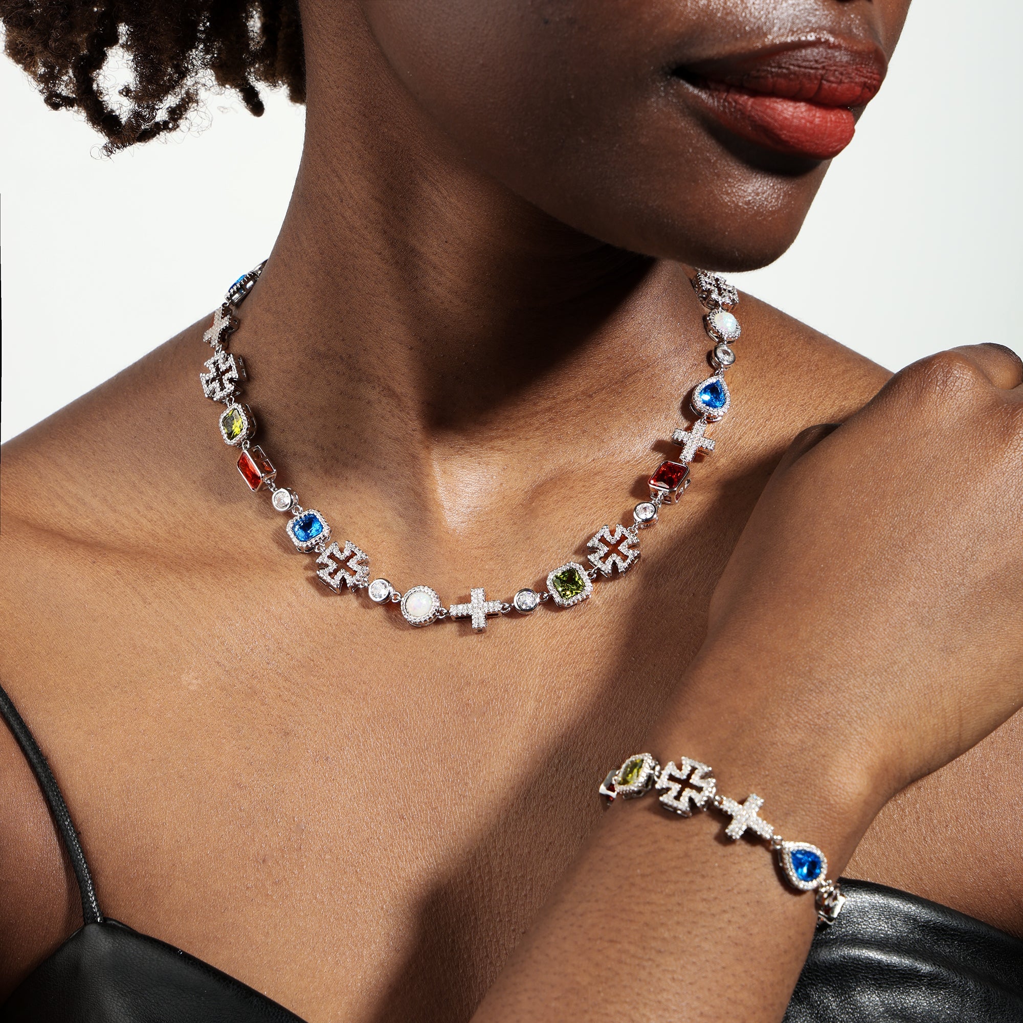 Multi Gemstone & Cross Necklace Set