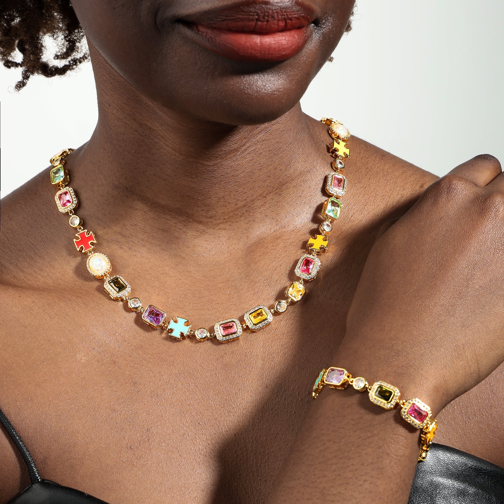 Pink Multi Gemstone Motif Necklace Set (Unisex Necklace ＆ Bracelet)
