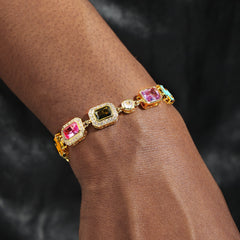 Pink Multi Gemstone Motif Necklace Set (Unisex Necklace ＆ Bracelet)