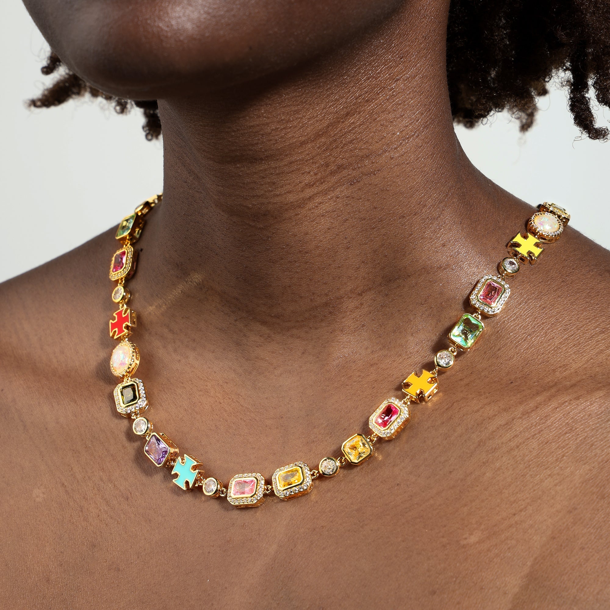 Pink Multi Gemstone Motif Necklace Set (Unisex Necklace ＆ Bracelet)