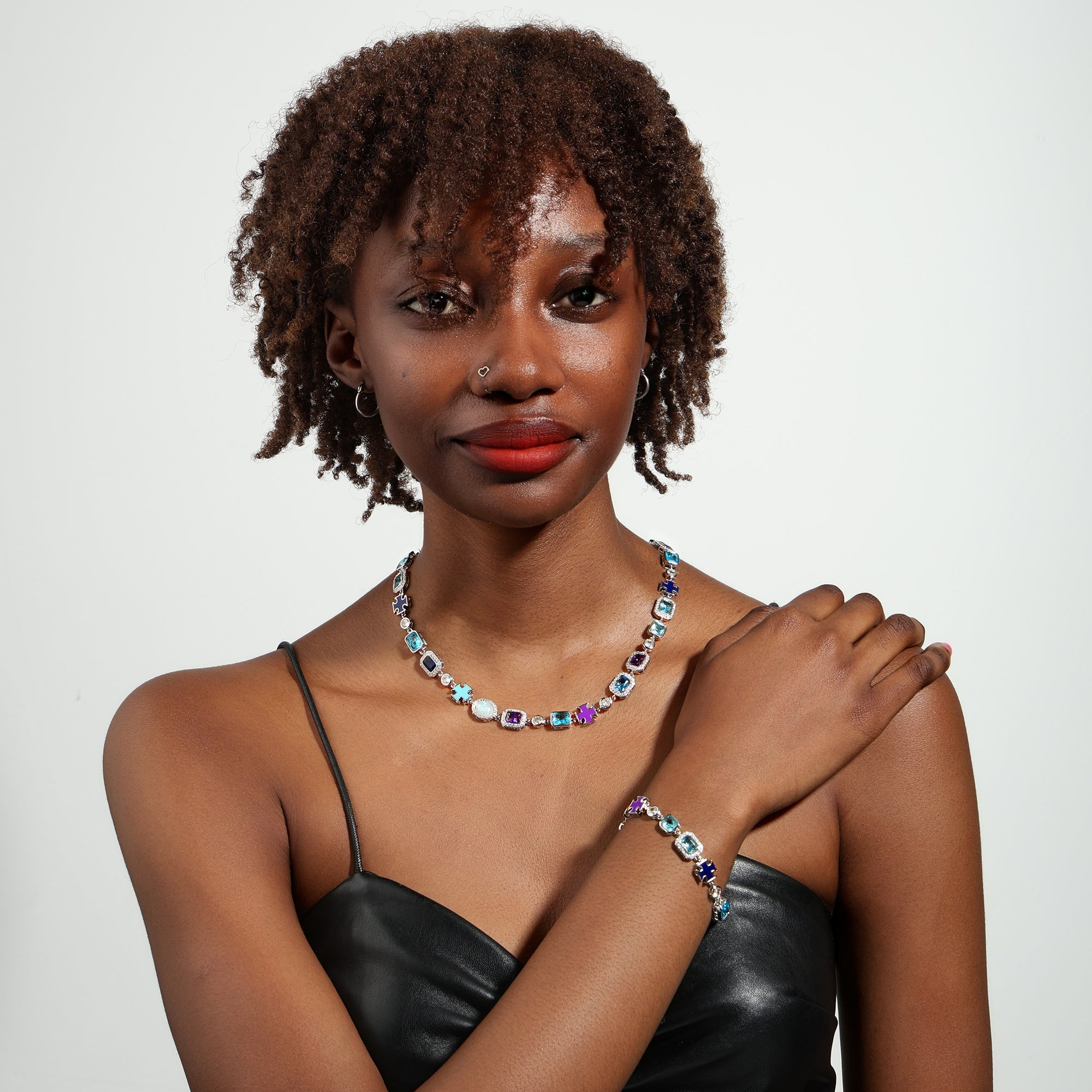 Blue Multi Gemstone Motif Necklace Set
