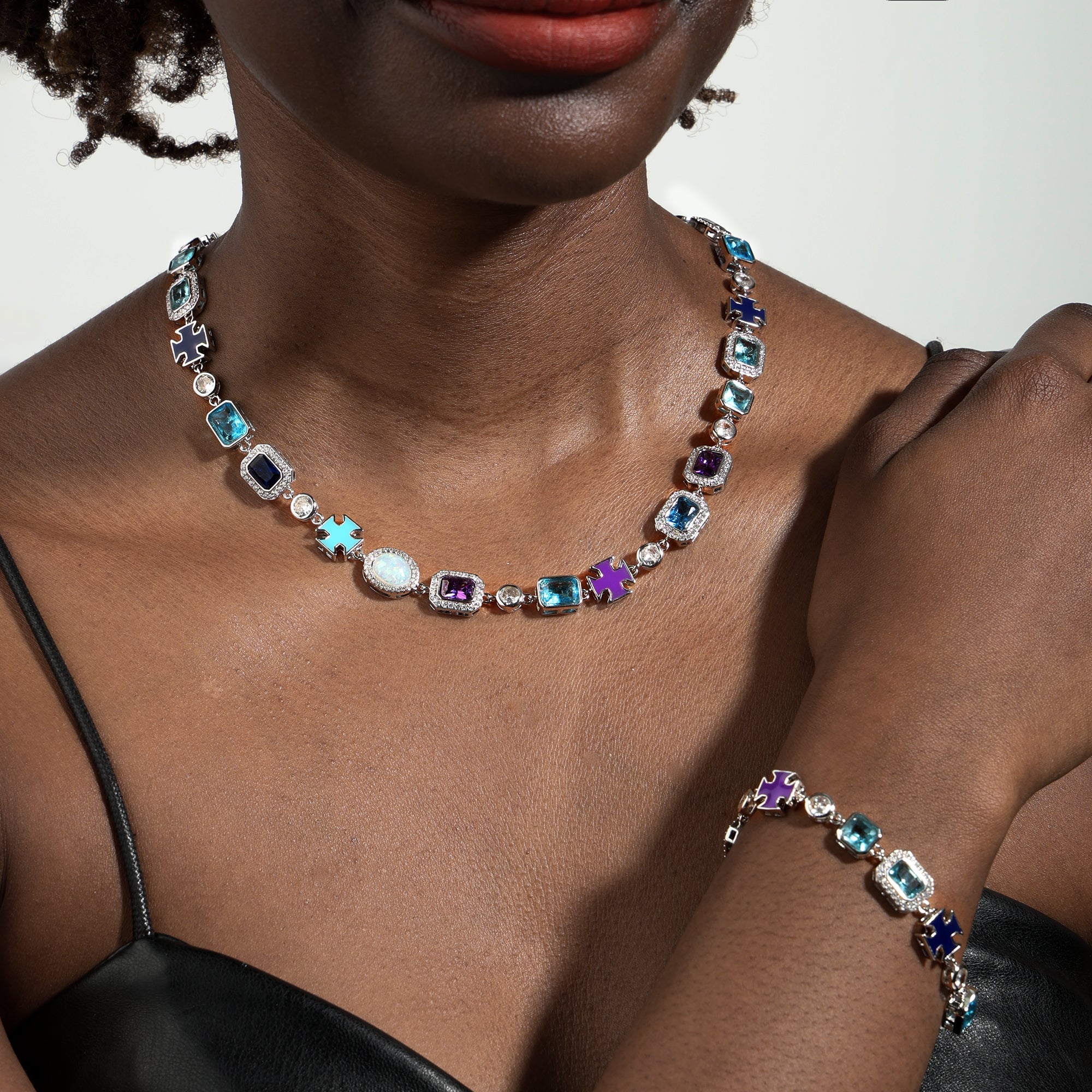 Blue Multi Gemstone Motif Necklace Set
