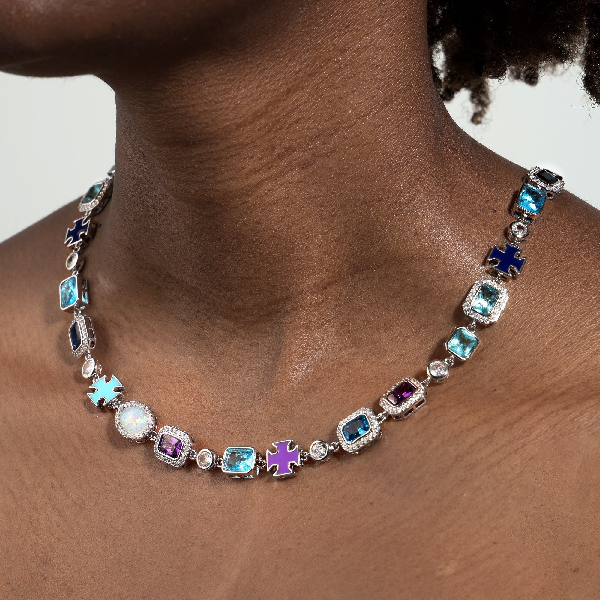 Blue Multi Gemstone Motif Necklace Set
