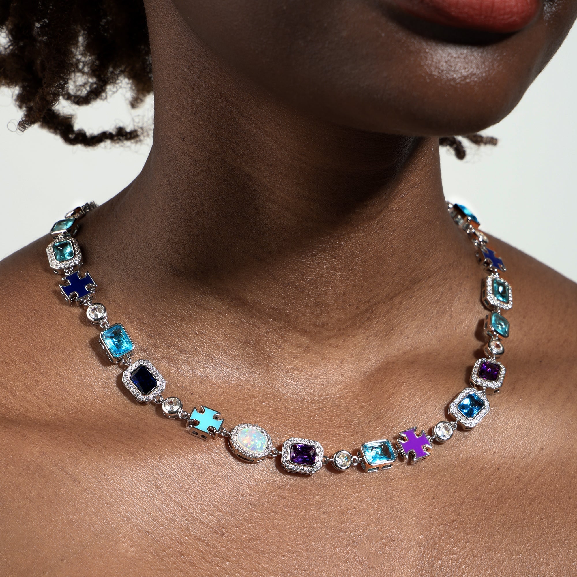 Blue Multi Gemstone Motif Necklace Set