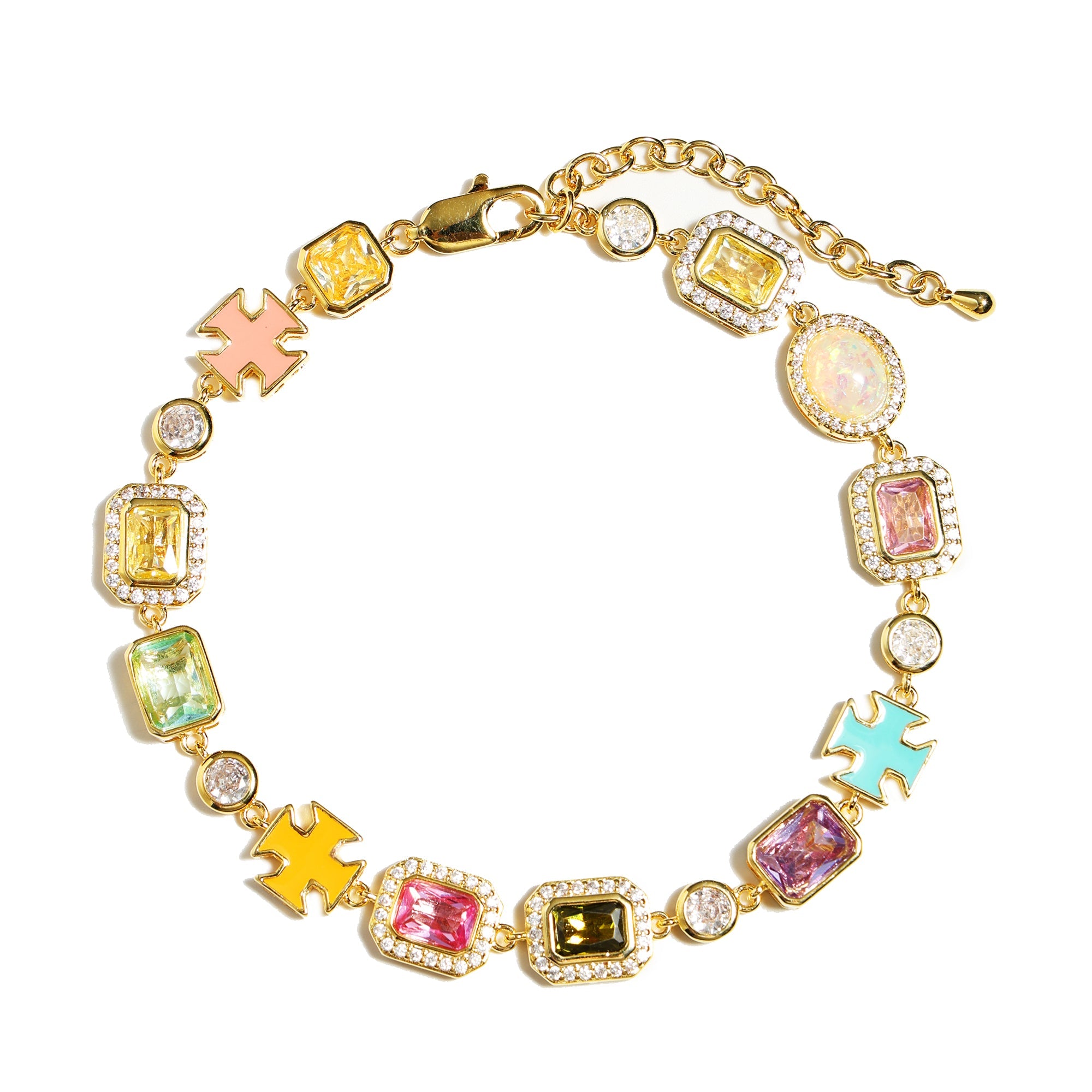 Pink Multi Gemstone Motif Necklace Set (Unisex Necklace ＆ Bracelet)