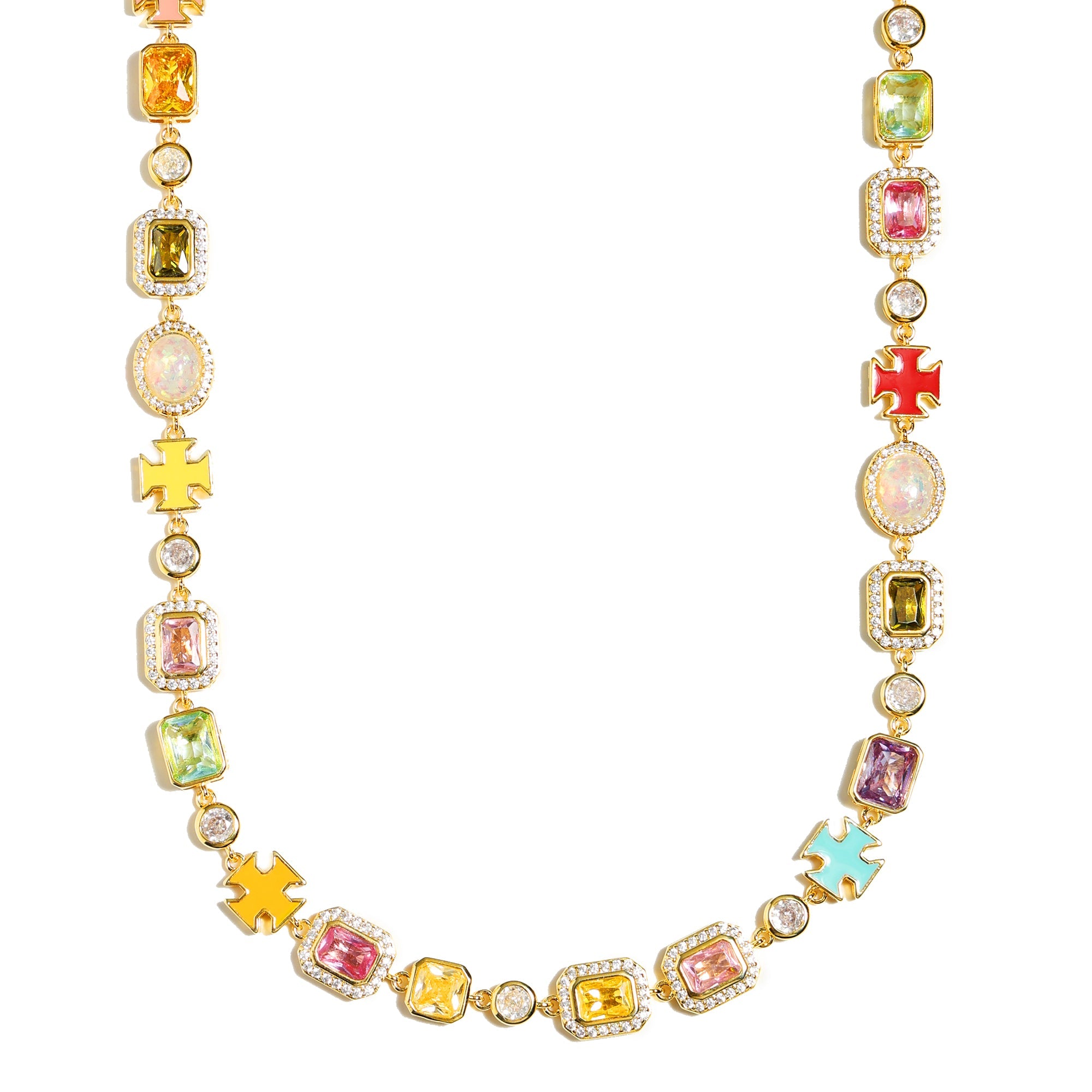 Pink Multi Gemstone Motif Necklace Set (Unisex Necklace ＆ Bracelet)