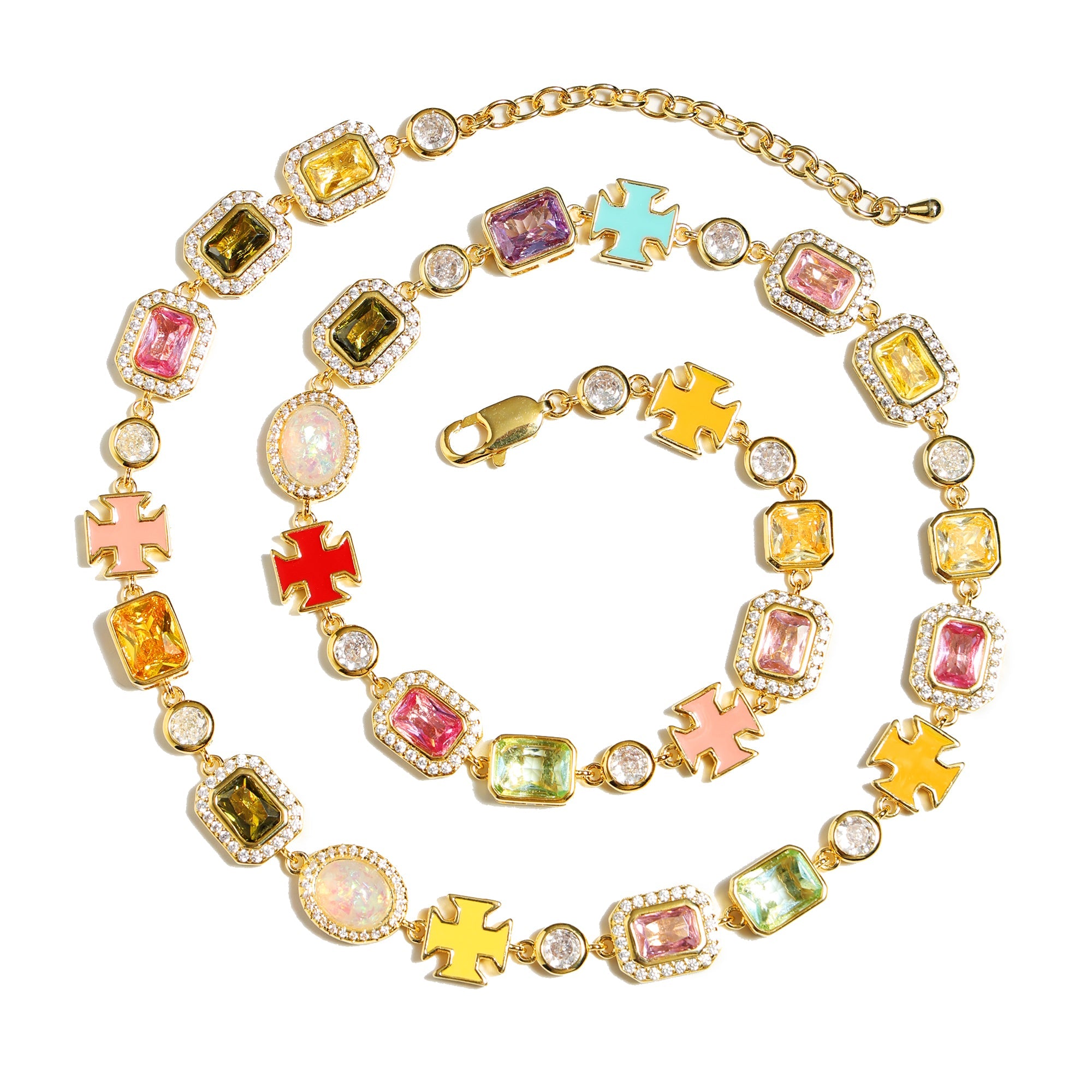 Pink Multi Gemstone Motif Necklace Set (Unisex Necklace ＆ Bracelet)