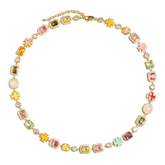 Pink Multi Gemstone Motif Necklace Set (Unisex Necklace ＆ Bracelet)