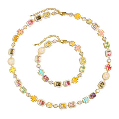 Pink Multi Gemstone Motif Necklace Set (Unisex Necklace ＆ Bracelet)