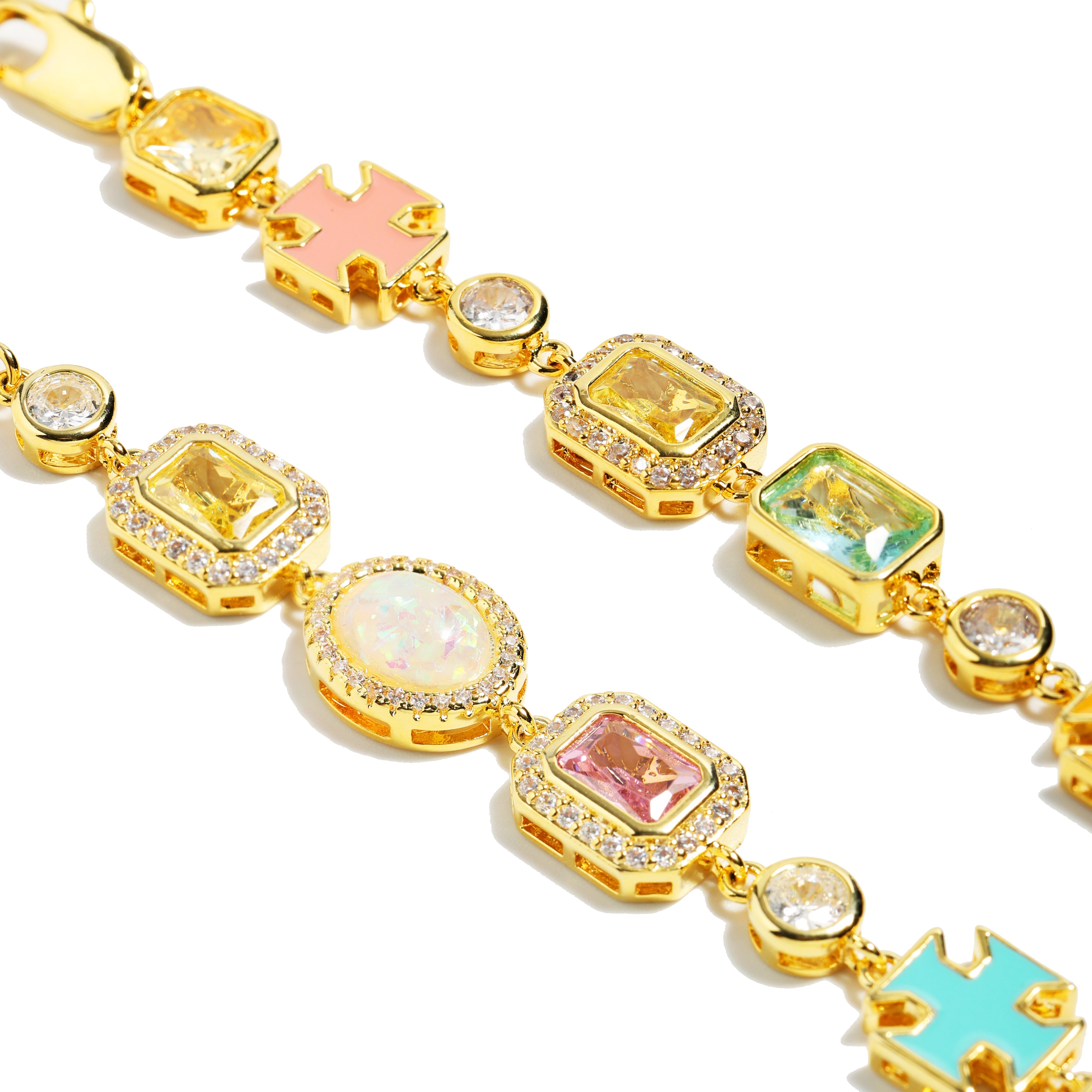 Pink Multi Gemstone Motif Necklace Set (Unisex Necklace ＆ Bracelet)