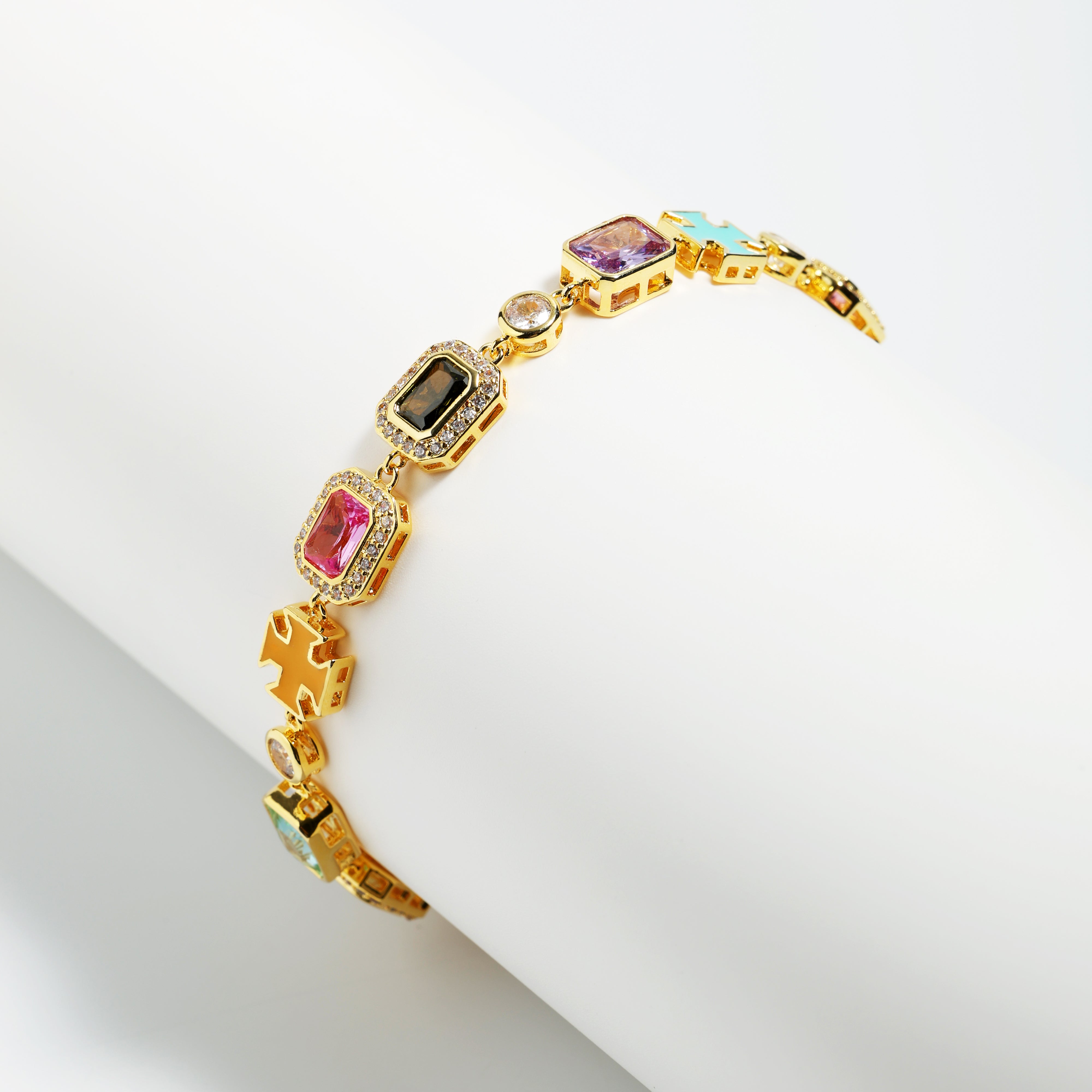 Pink Multi Gemstone Motif Necklace Set (Unisex Necklace ＆ Bracelet)