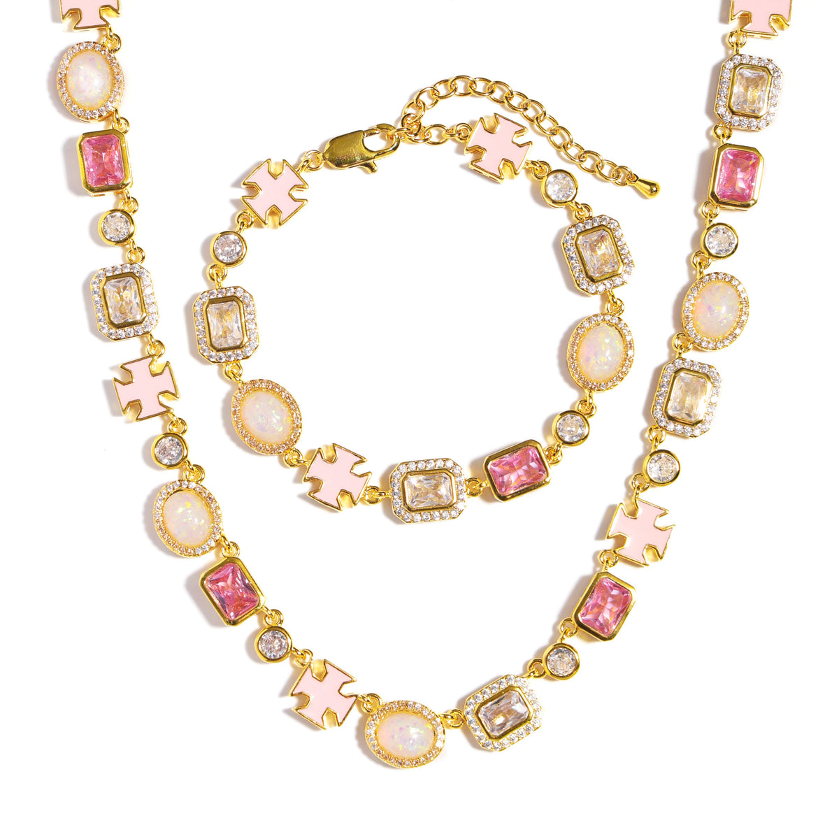 Millennial Pink Gemstone Chain Set (Unisex Necklace ＆ Bracelet)