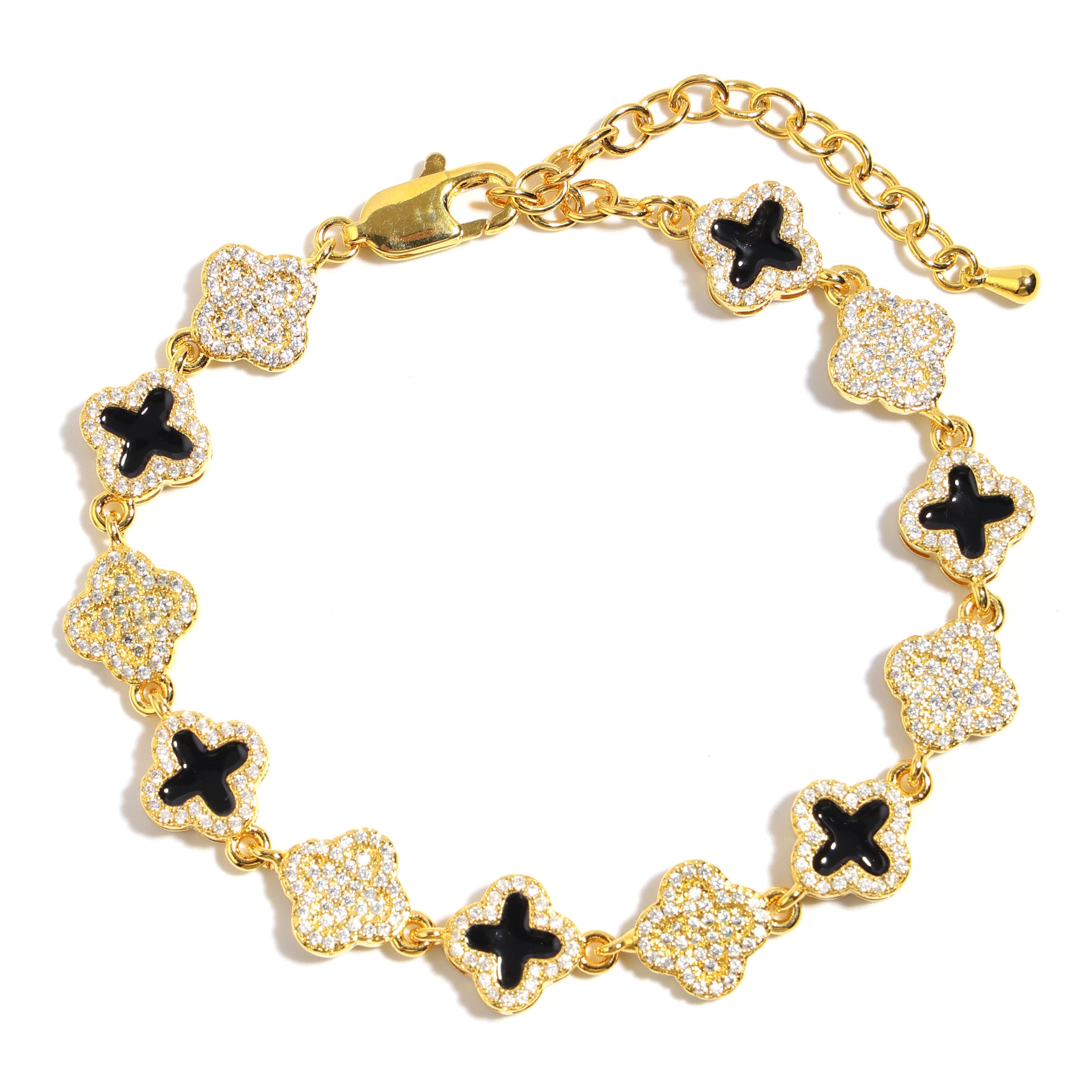 Black Enamel Clover Diamond Gemstone Necklace