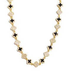 Black Enamel Clover Diamond Gemstone Necklace