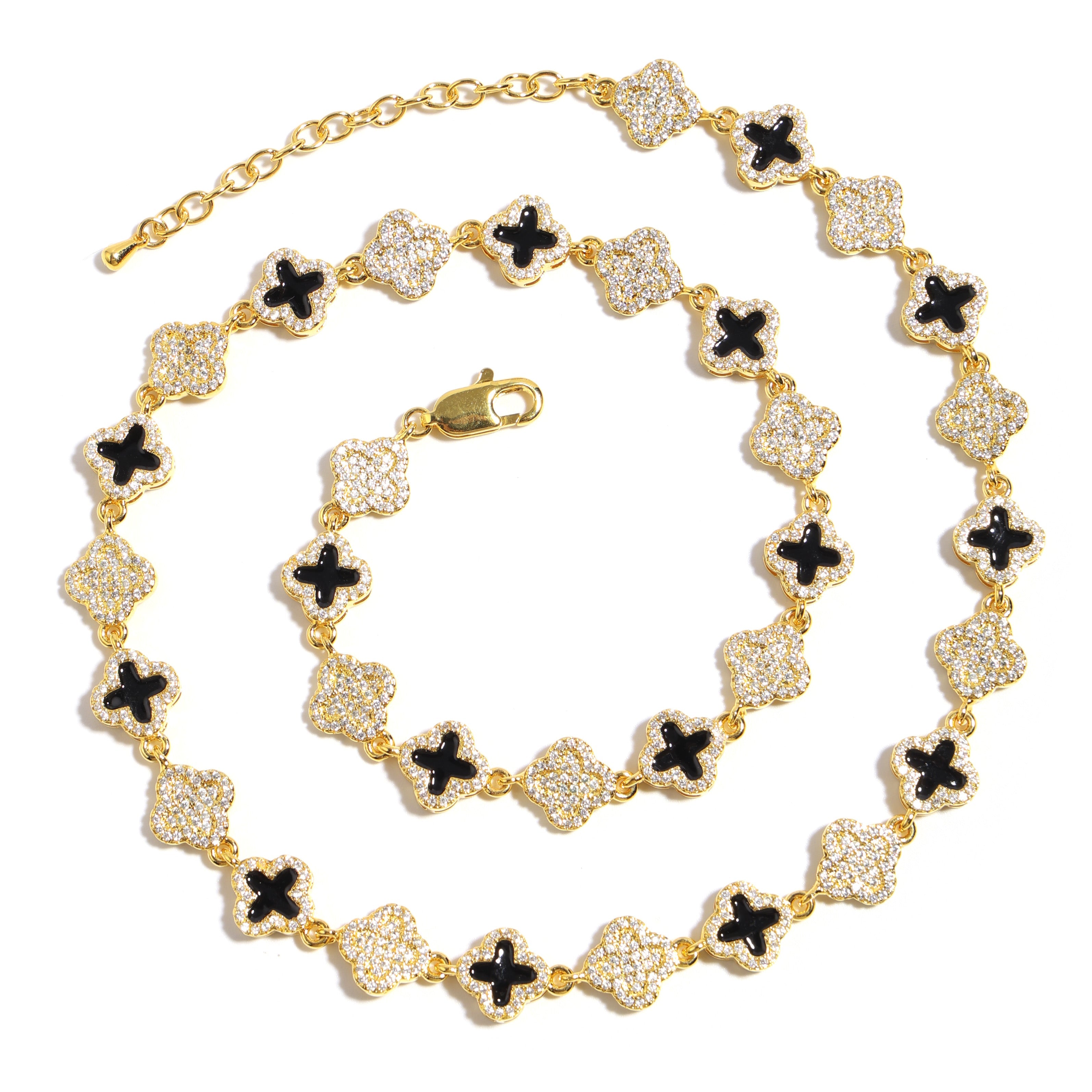 Black Enamel Clover Diamond Gemstone Necklace