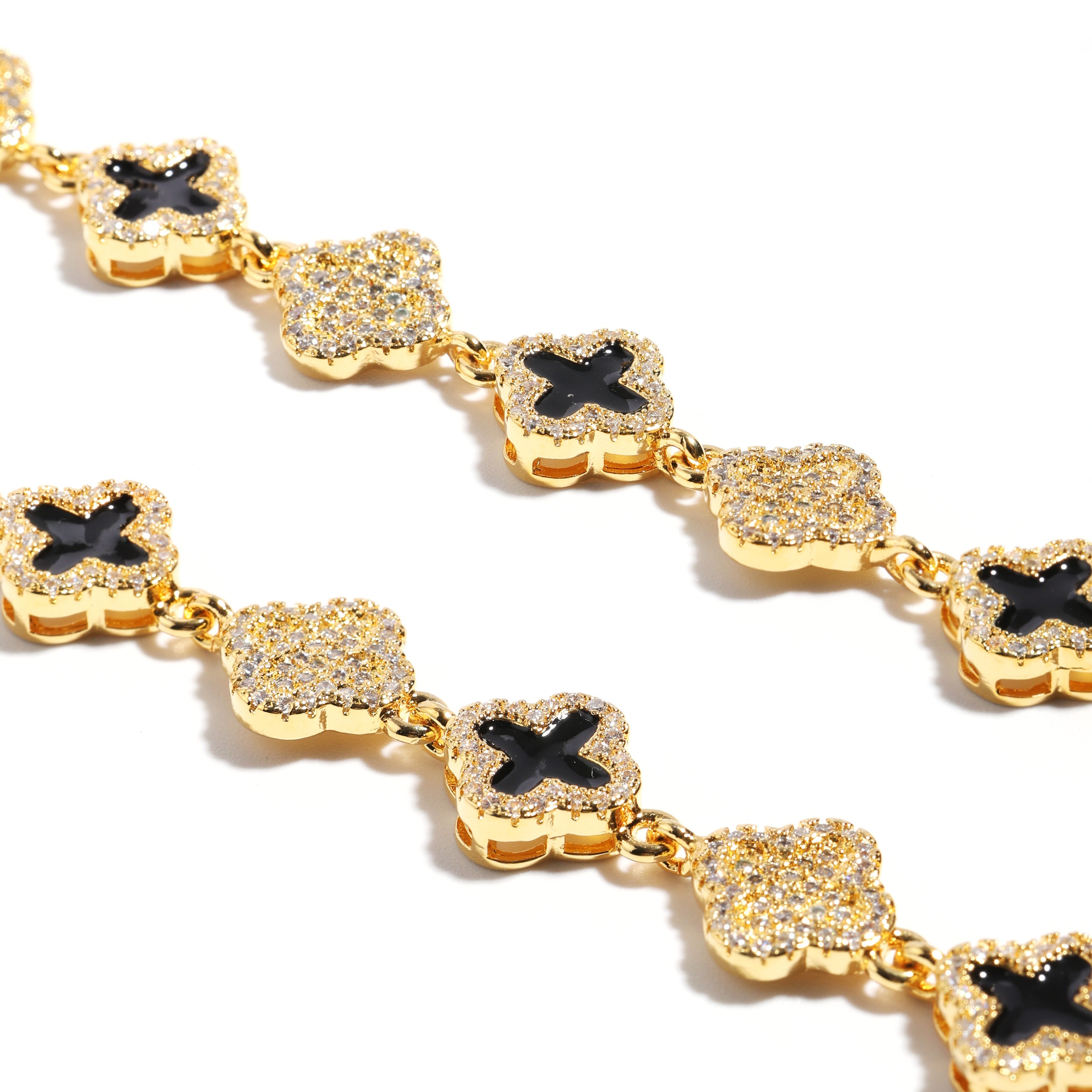 Black Enamel Clover Diamond Gemstone Necklace