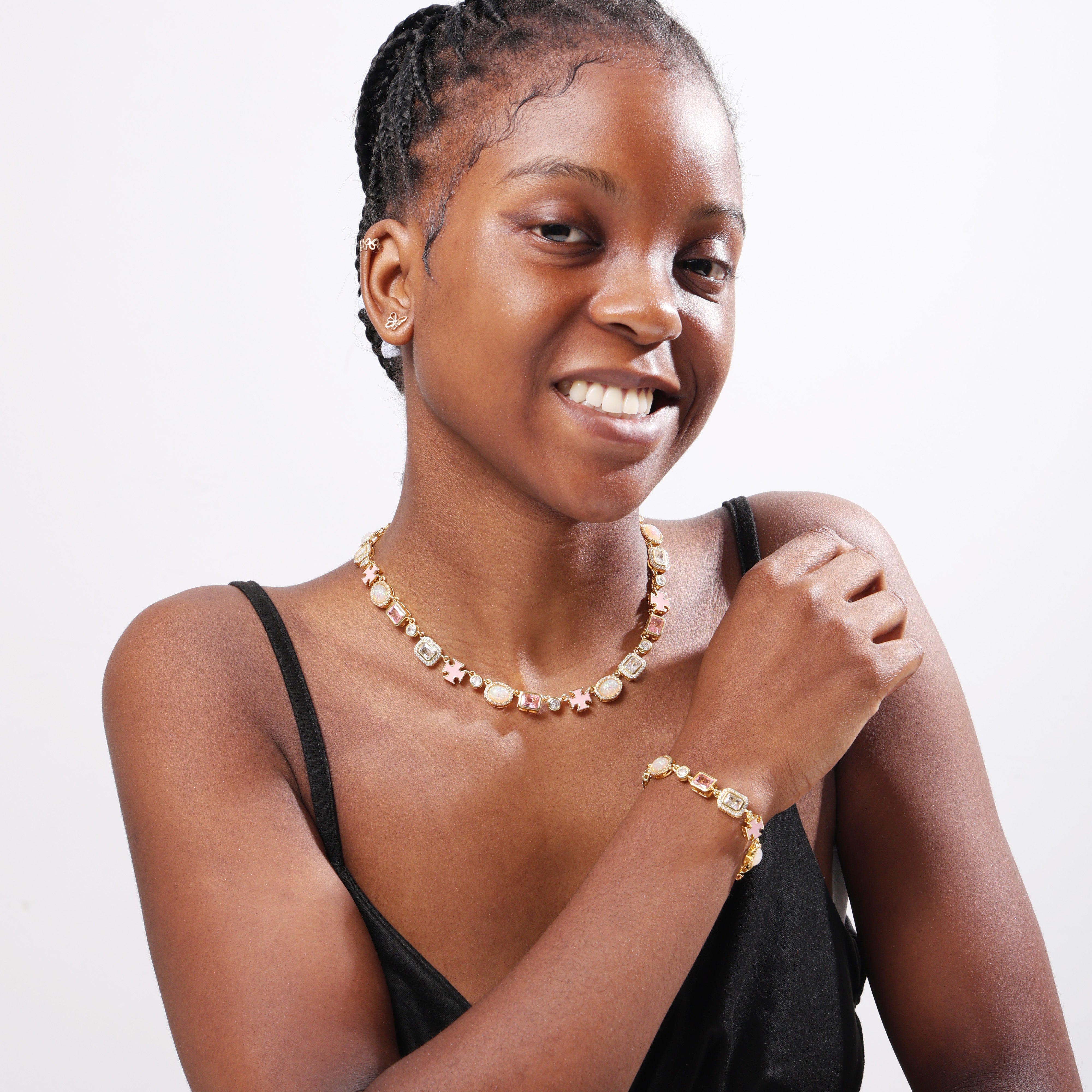Millennial Pink Gemstone Chain Set (Unisex Necklace ＆ Bracelet)