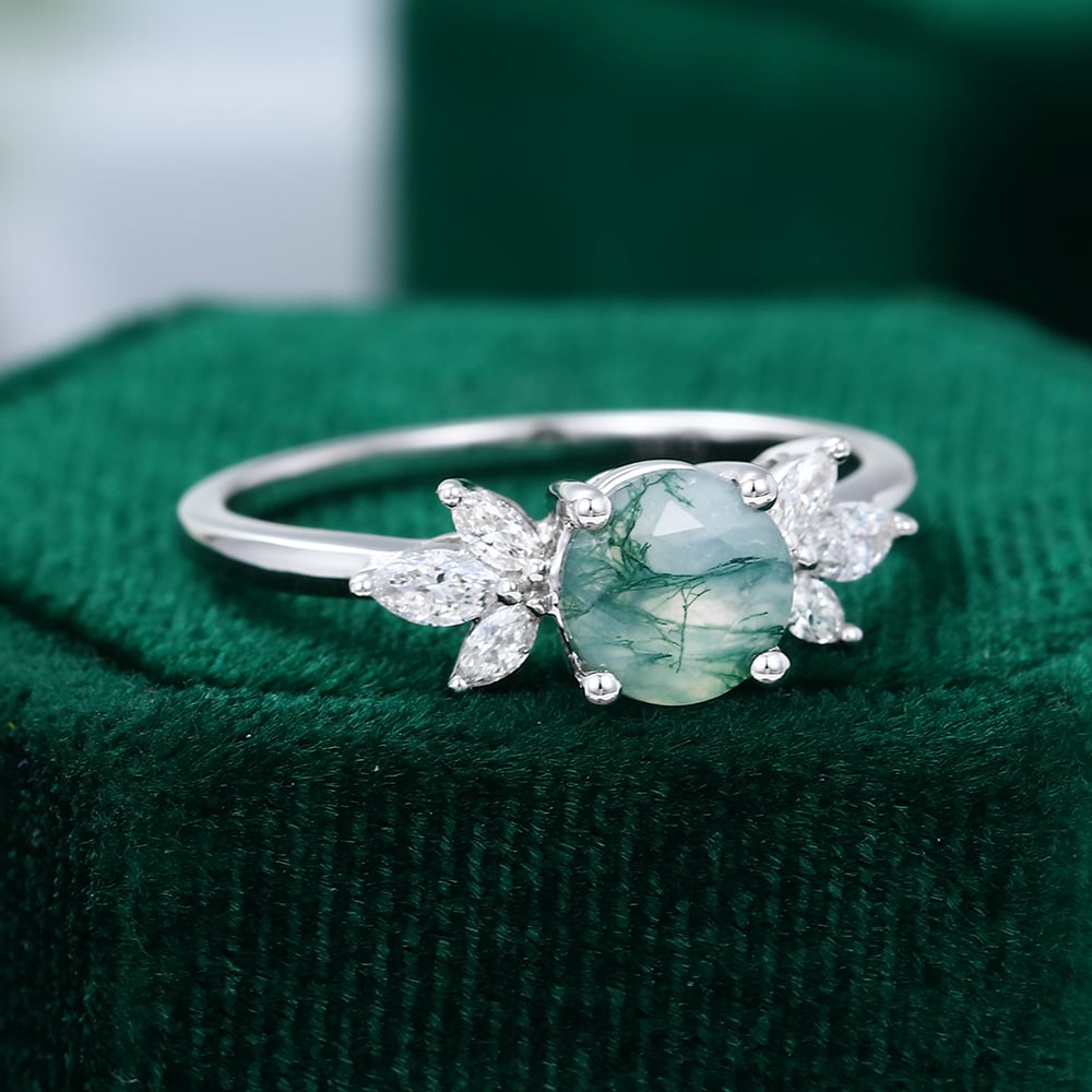 Round Cut Moss Agate Engagement Ring with Marquise Moissanite Cluster