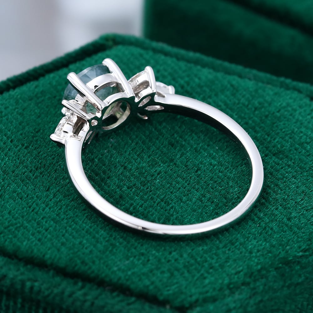 Round Cut Moss Agate Engagement Ring with Marquise Moissanite Cluster